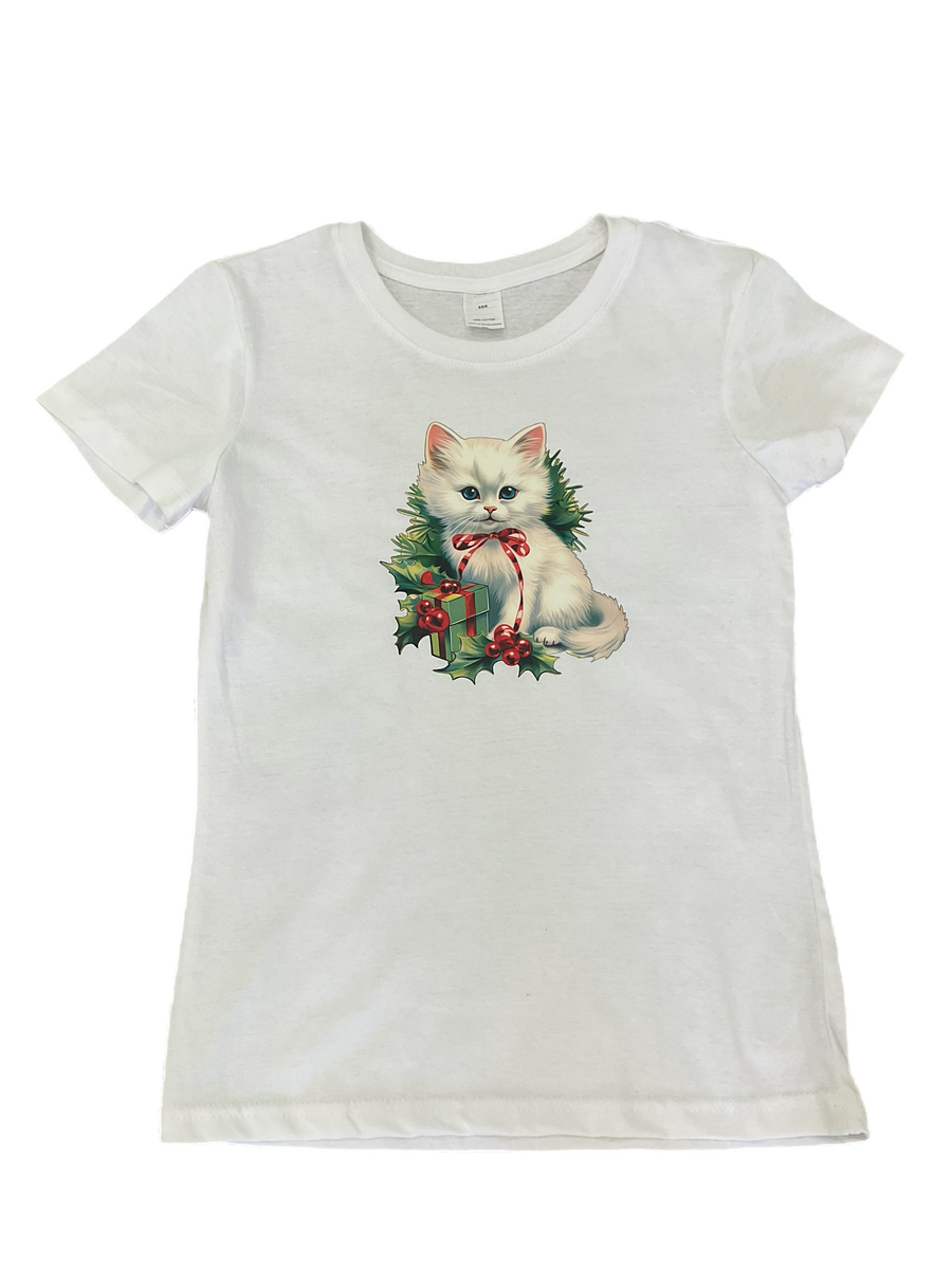 Christmas Kitten Vintage T-Shirt White Vintage Dress