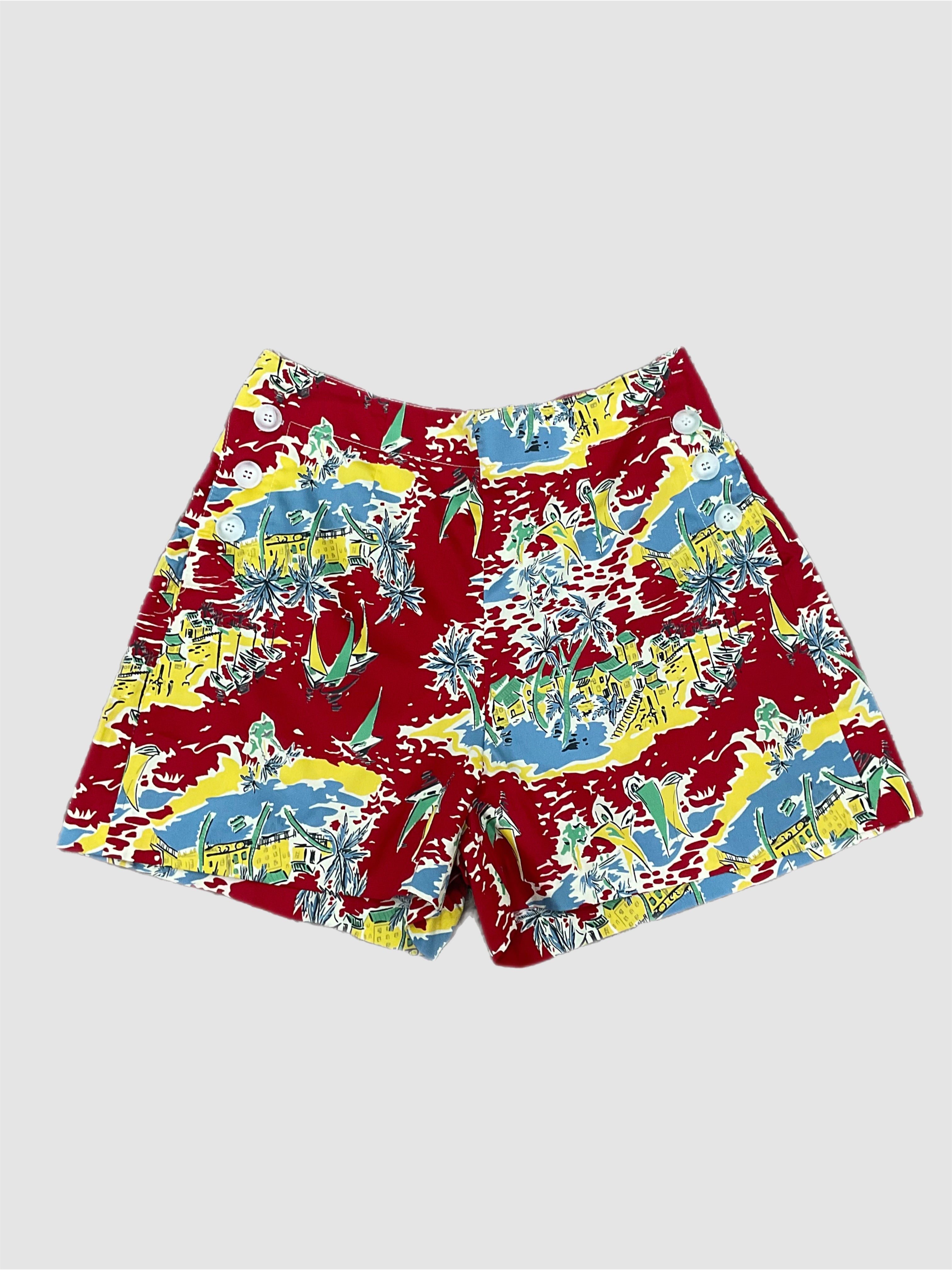 Button Shorts Beach Retrospec'd Clothing Red Beach print Pin-up Shorts