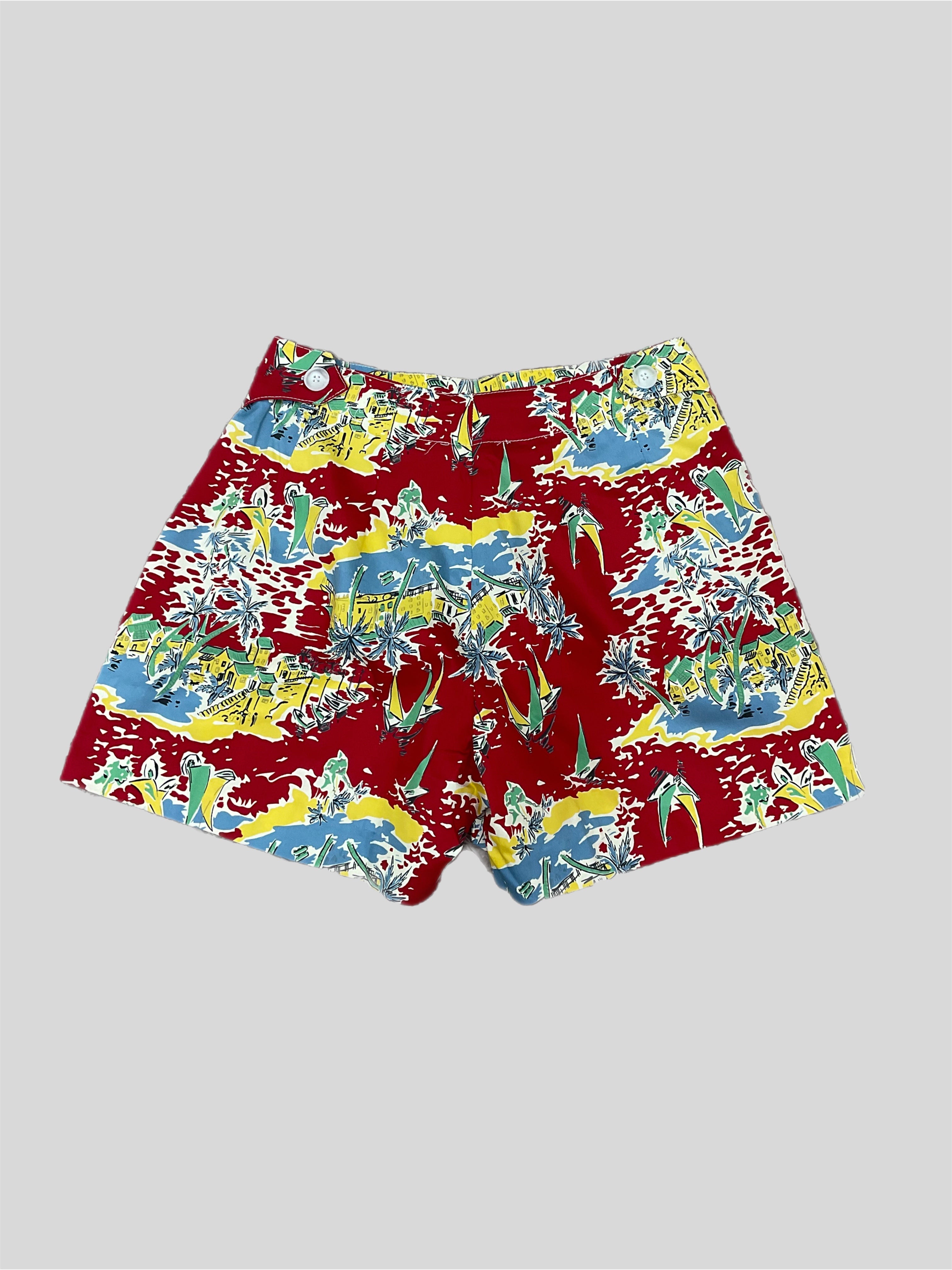 Button Shorts Beach Retrospec'd Clothing Red Beach print Pin-up Shorts