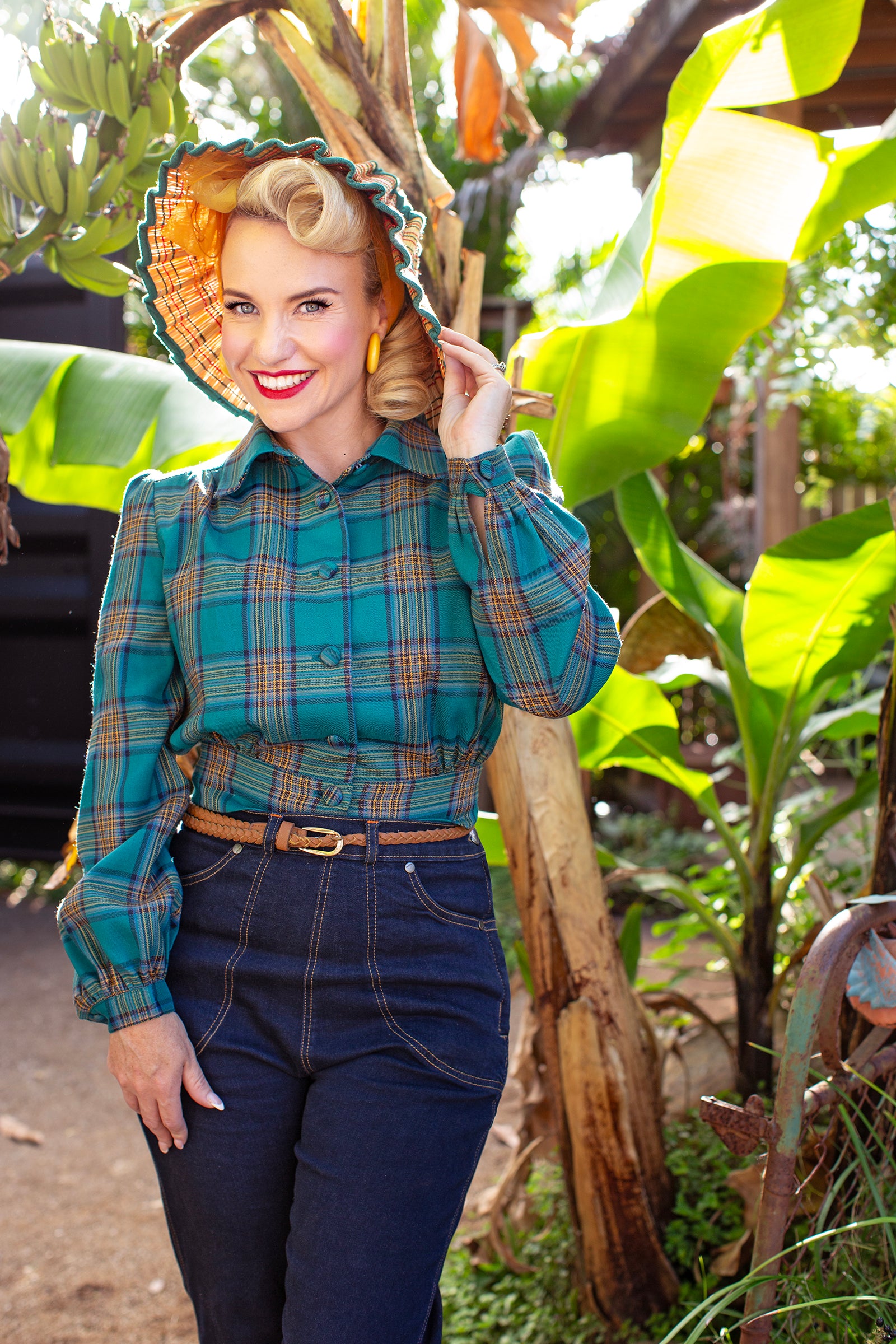 Caribou Rider 1950s Jeans with Rosie jacket green check  vintage style crop jacket Retrospec'd Clothing