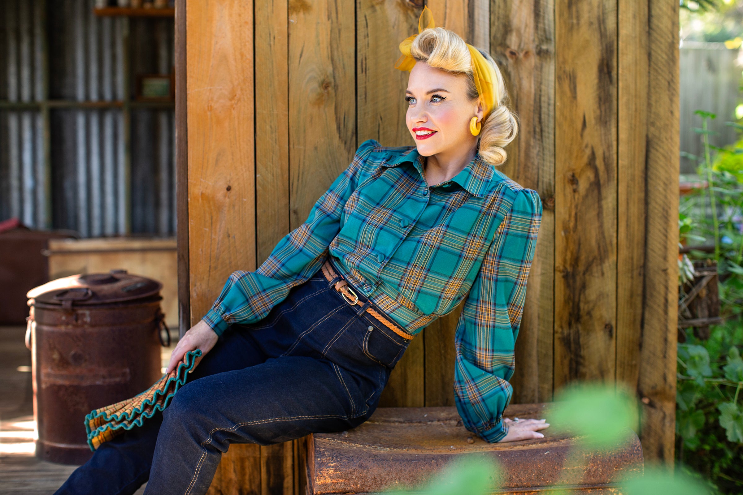 Caribou Rider 1950s rockabilly jeans and Rosie jacket green Check  vintage style Retrospec'd Clothing