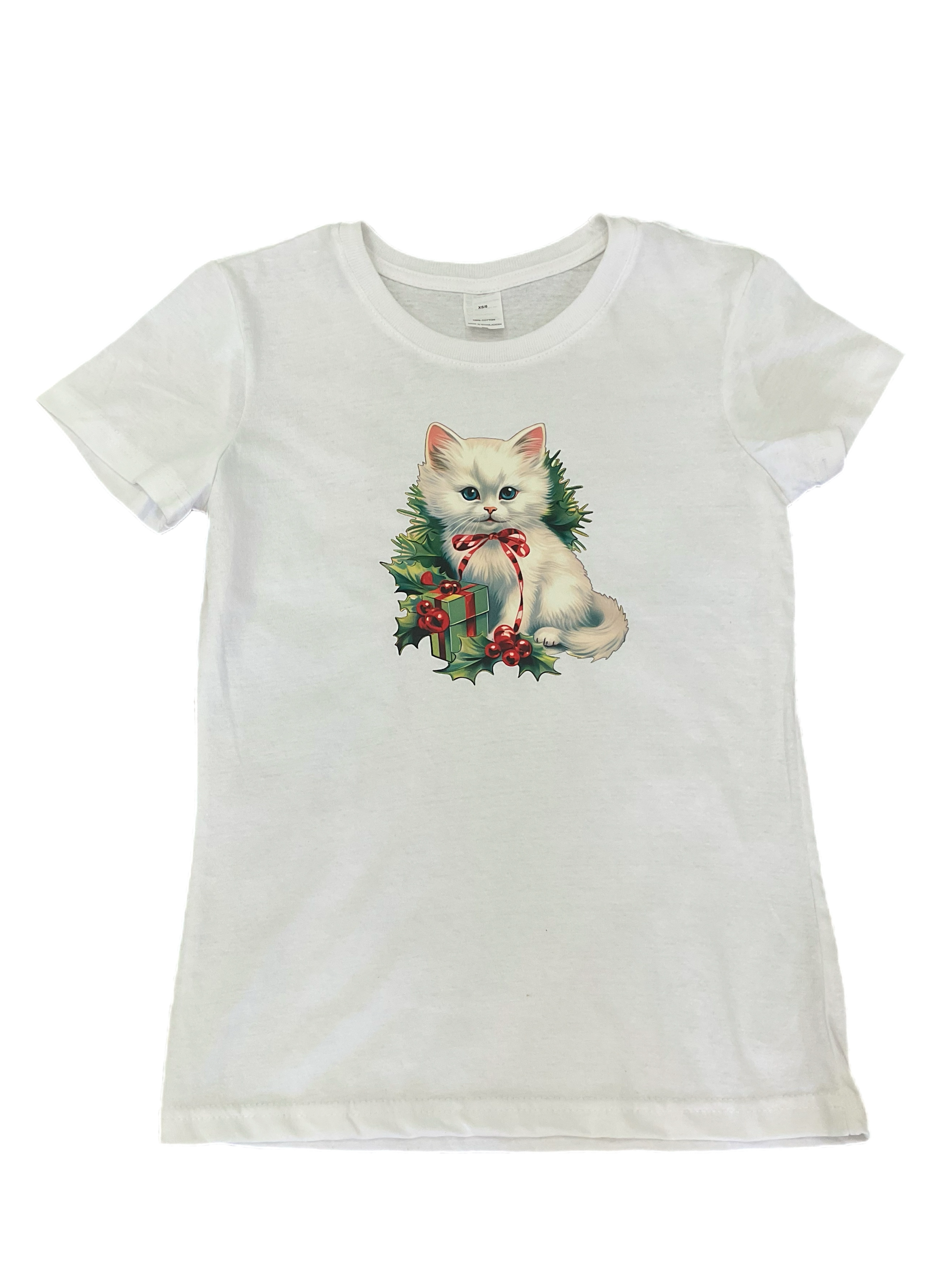 A white vintage style t-shirt with a Christmas themed print featuring a kitten, holly, and red berries.
