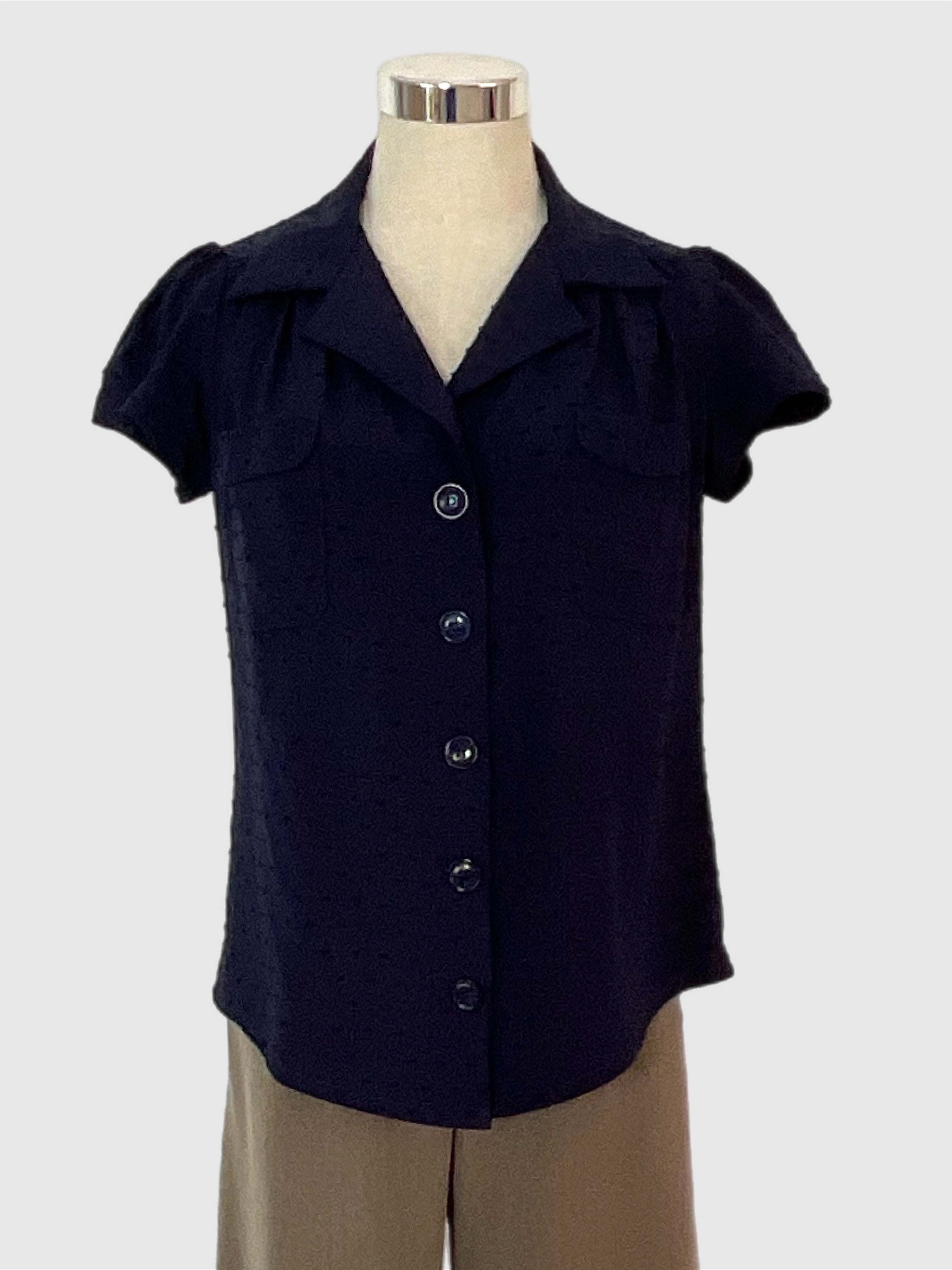 Evita navy textured vintage style blouse-Retrospec’d with Hepburn taupe swing pants