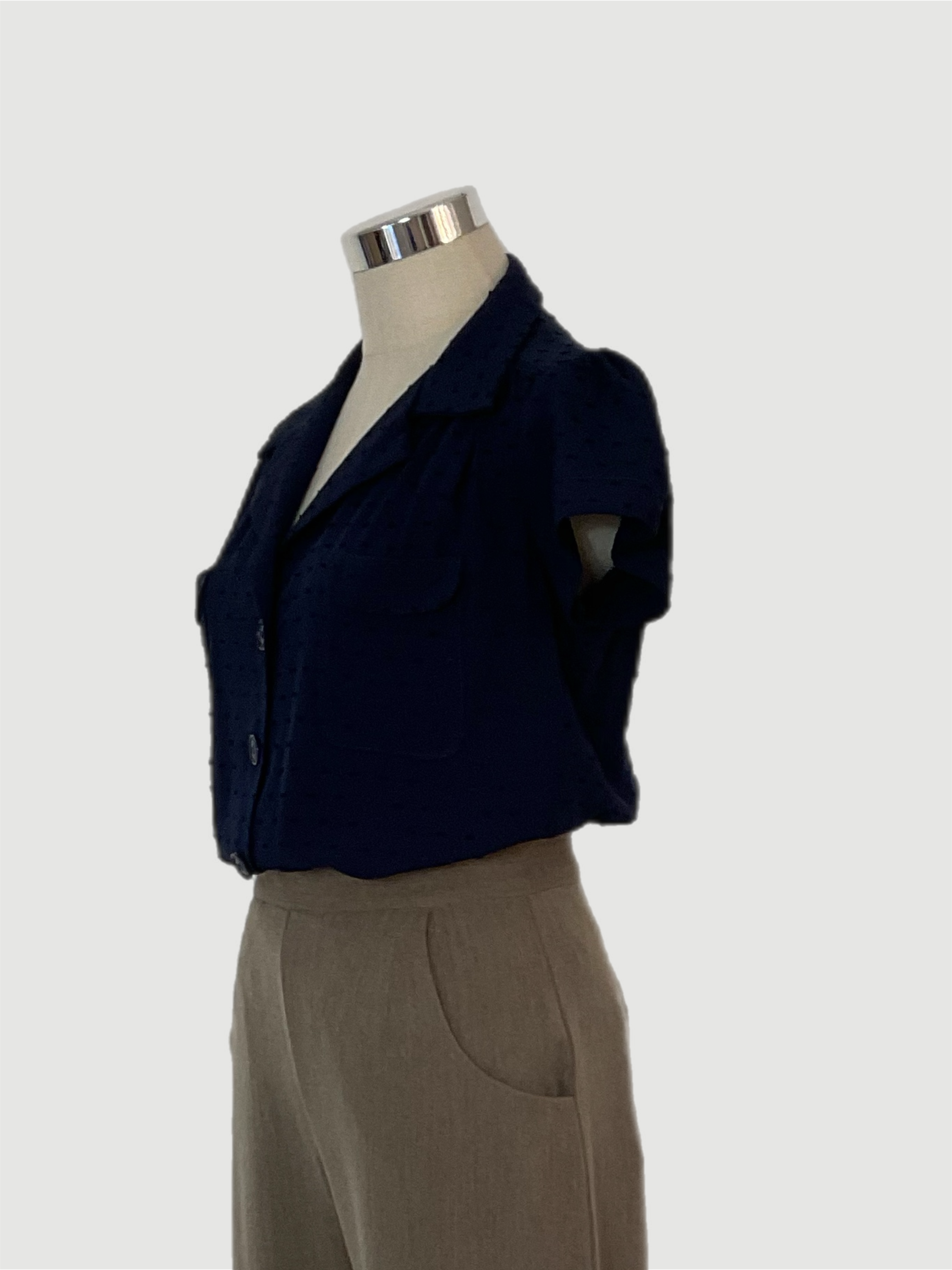 Evita navy textured vintage style blouse-Retrospec’d with Hepburn taupe swing pants
