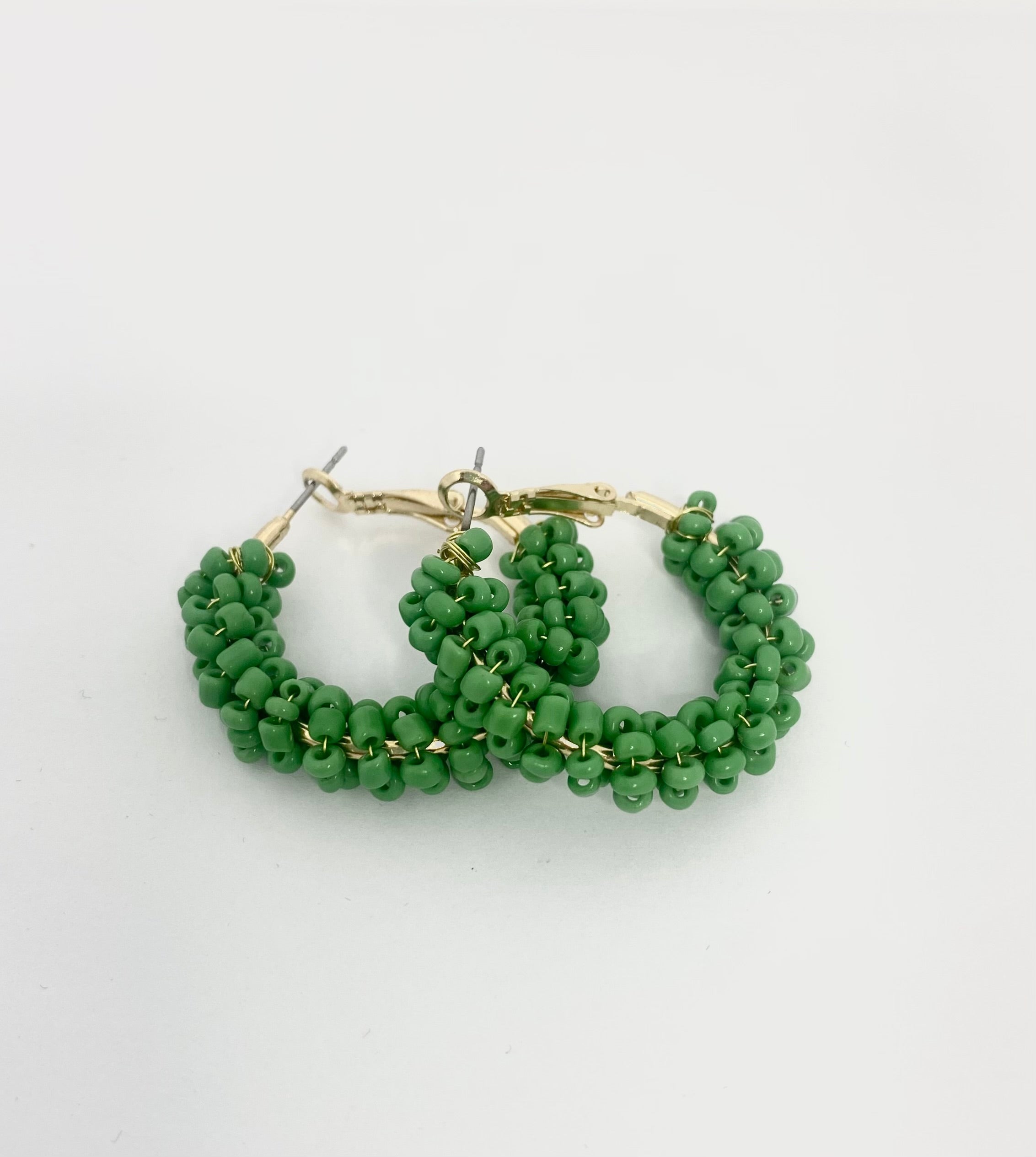 Fiesta Green vintage style earrings. Small green Beaded hoop Earrings