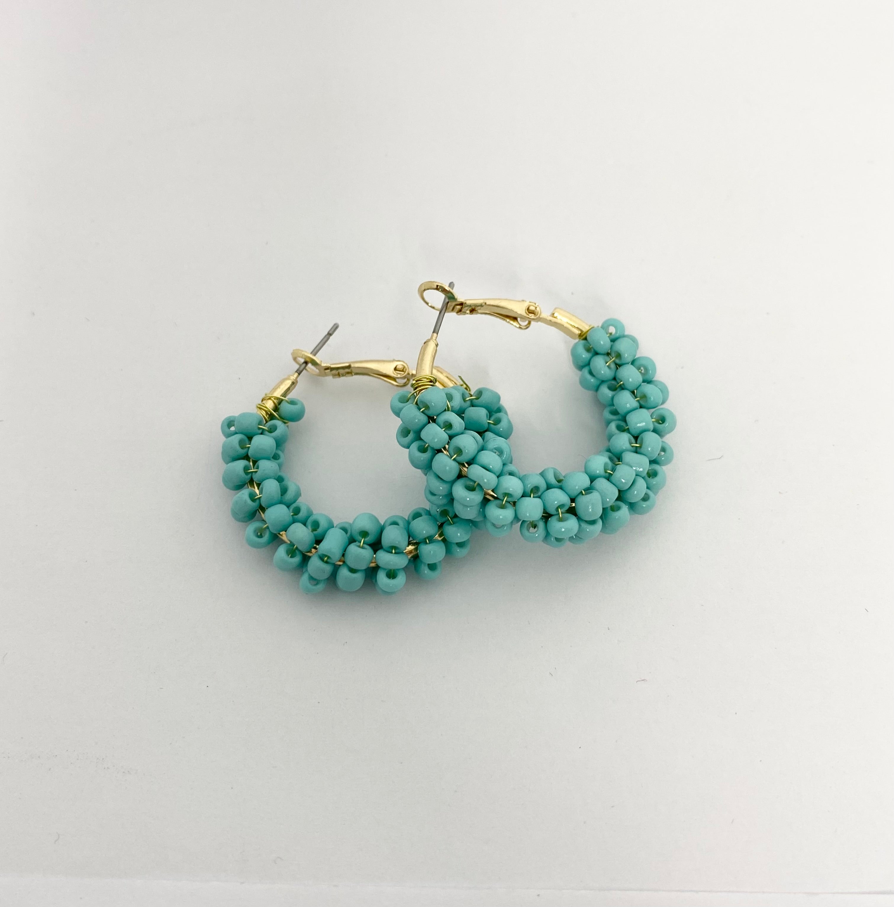 Fiesta Turquoise beaded hoop vintage style earrings with gold accents. 