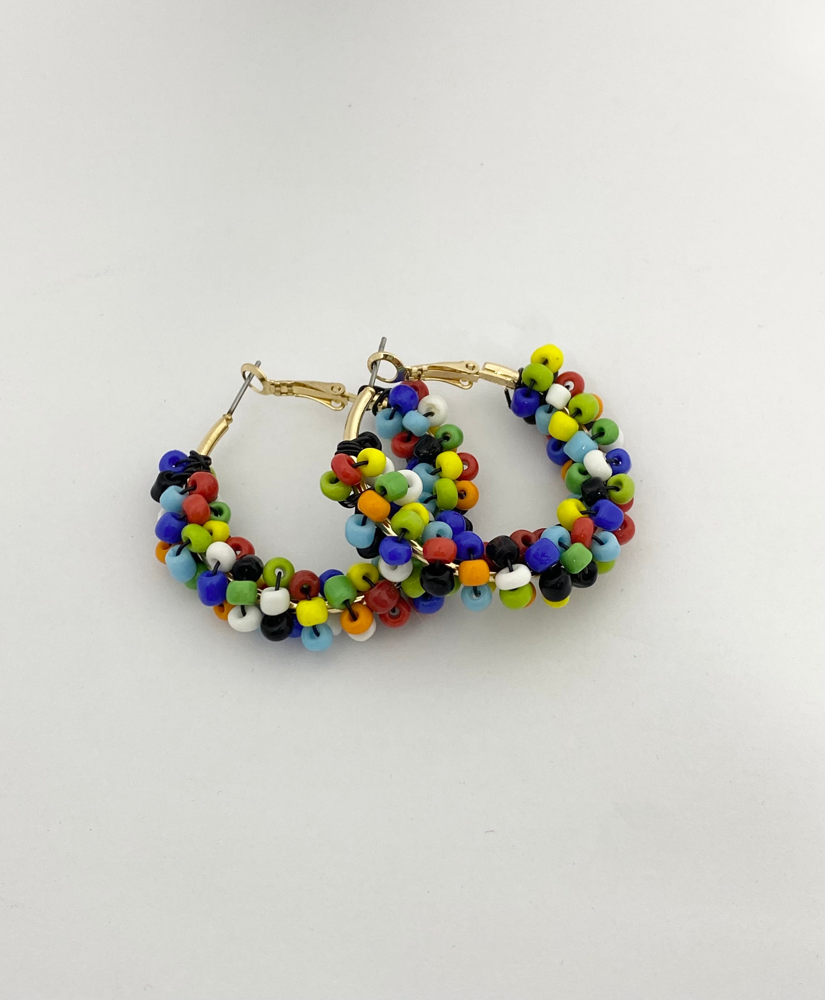 Fiesta multi coloured hoop earrings with small coloured beaded on gold hoops.rainbow coloured fun vintage style earrings