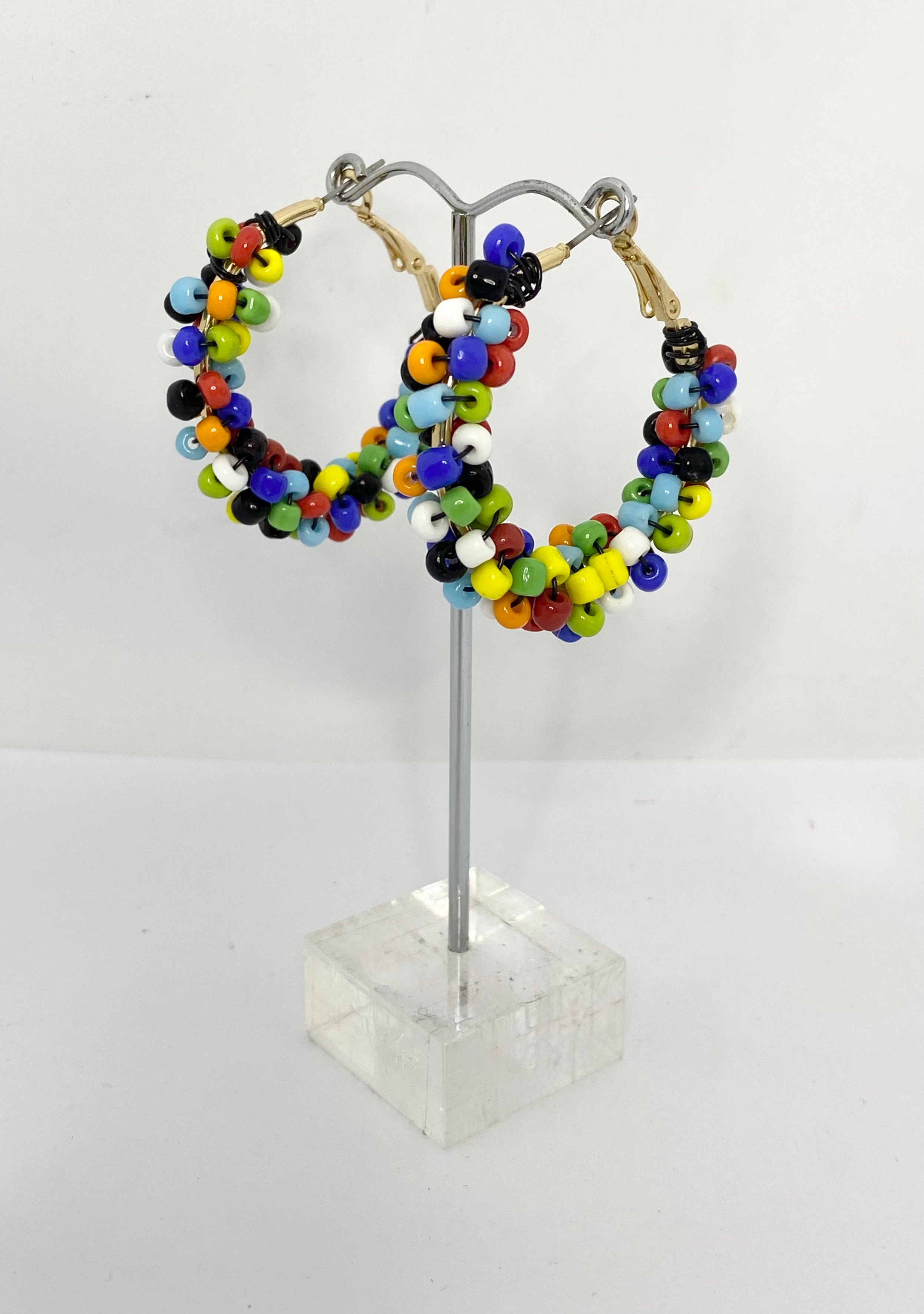 Fiesta multi coloured hoop earrings with small coloured beaded on gold hoops.rainbow coloured fun vintage style earrings