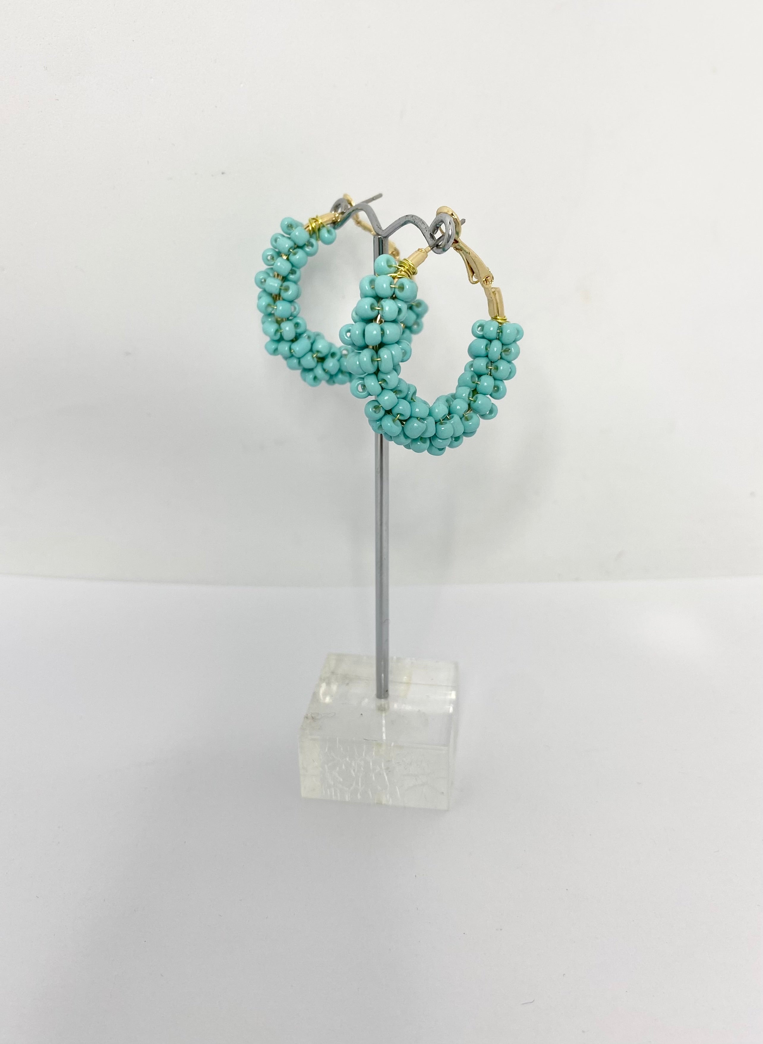 Fiesta Turquoise beaded hoop vintage style earrings with gold accents. 