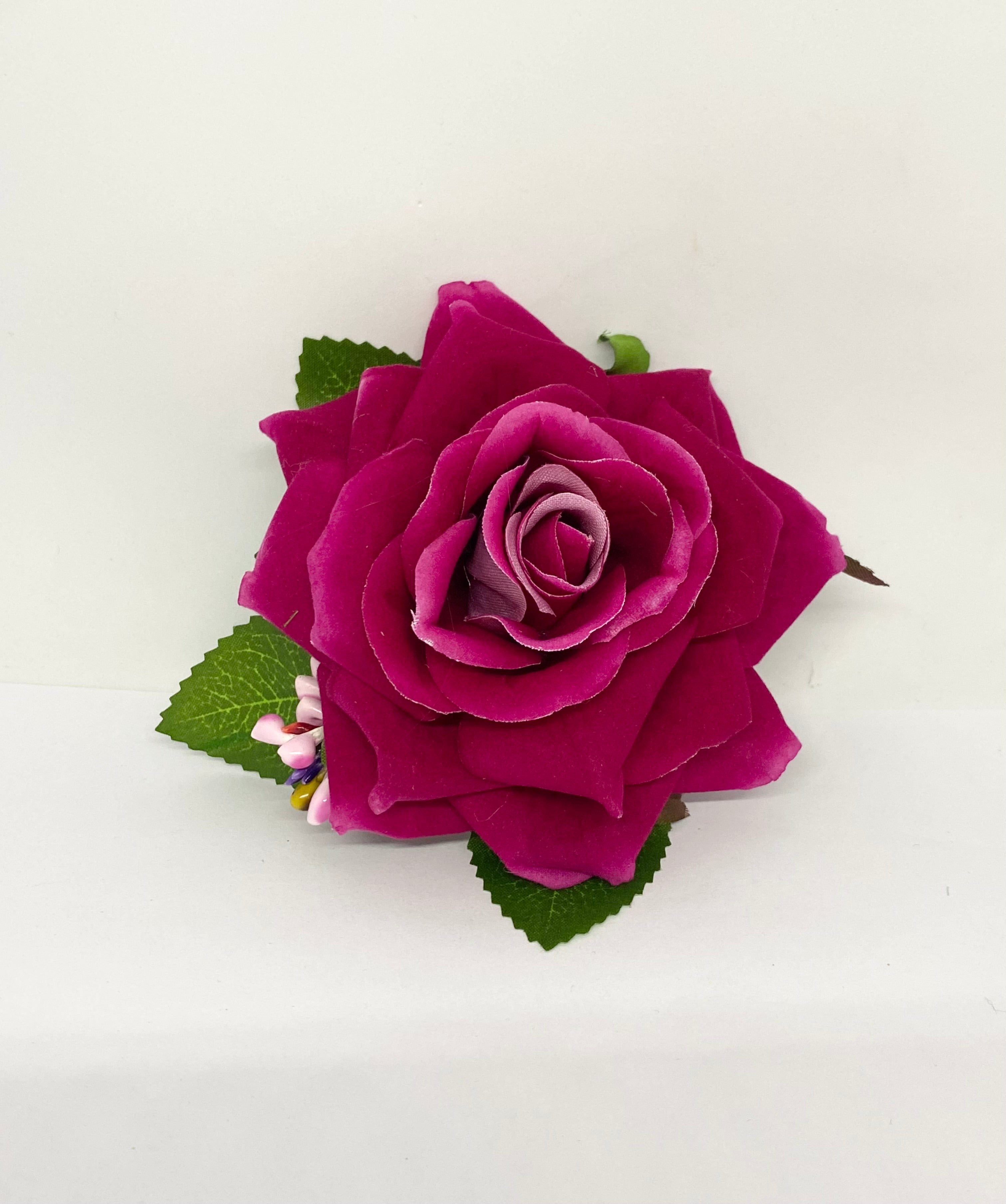 fuchsia velvet rose Pin-up vintage hair flower with green leaves and an alligator clip.