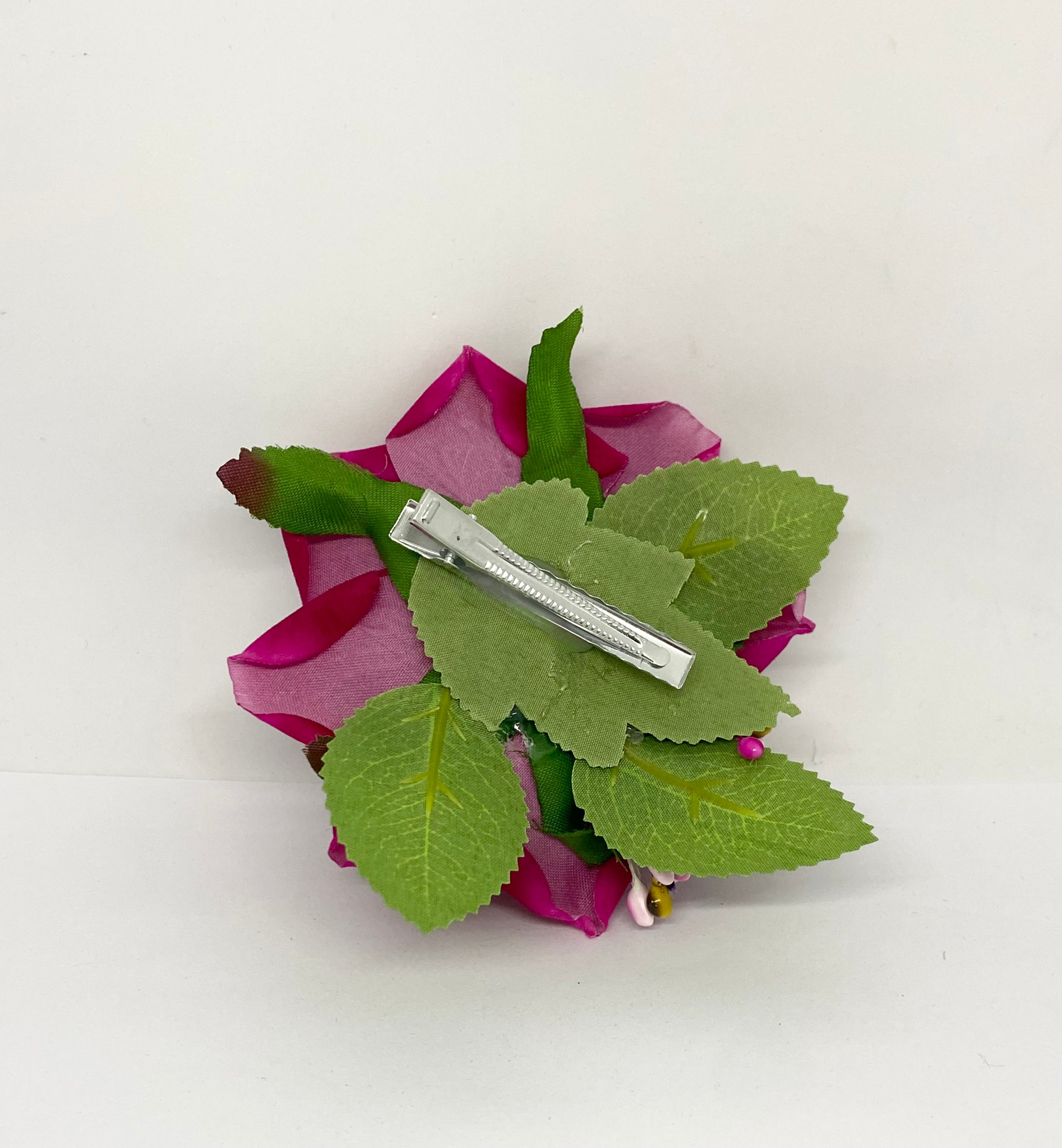 fuchsia velvet rose Pin-up vintage hair flower with green leaves and an alligator clip.