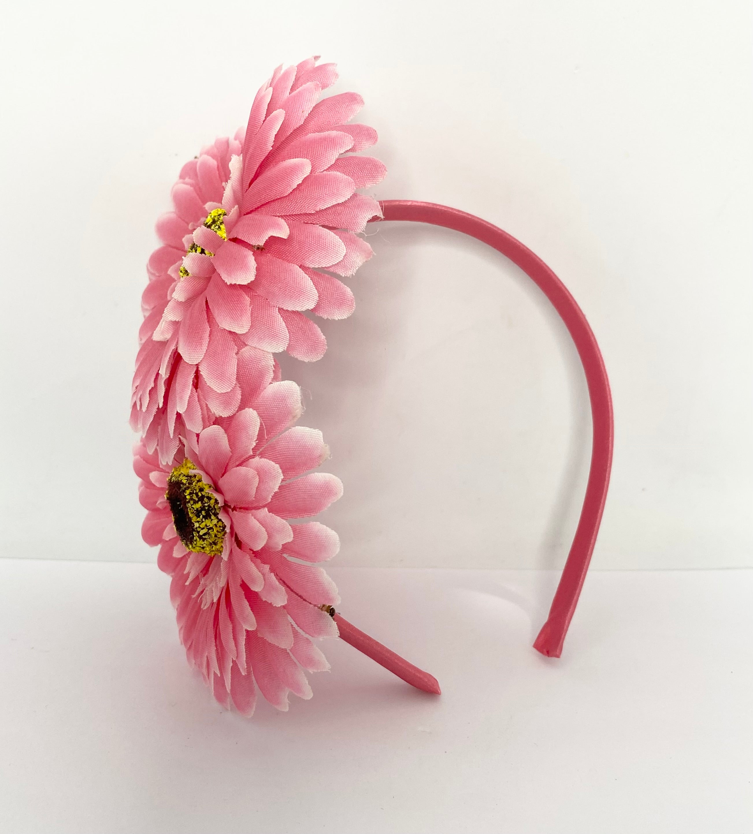 Gerbera Pink floral headband on a white background vintage style head piece