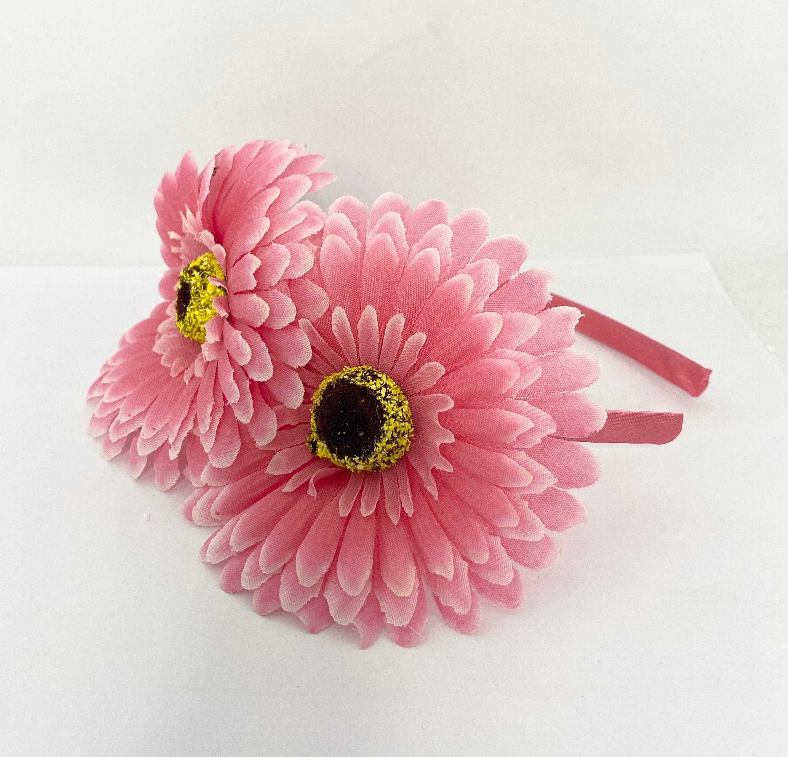 Gerbera Pink floral headband on a white background vintage style head piece