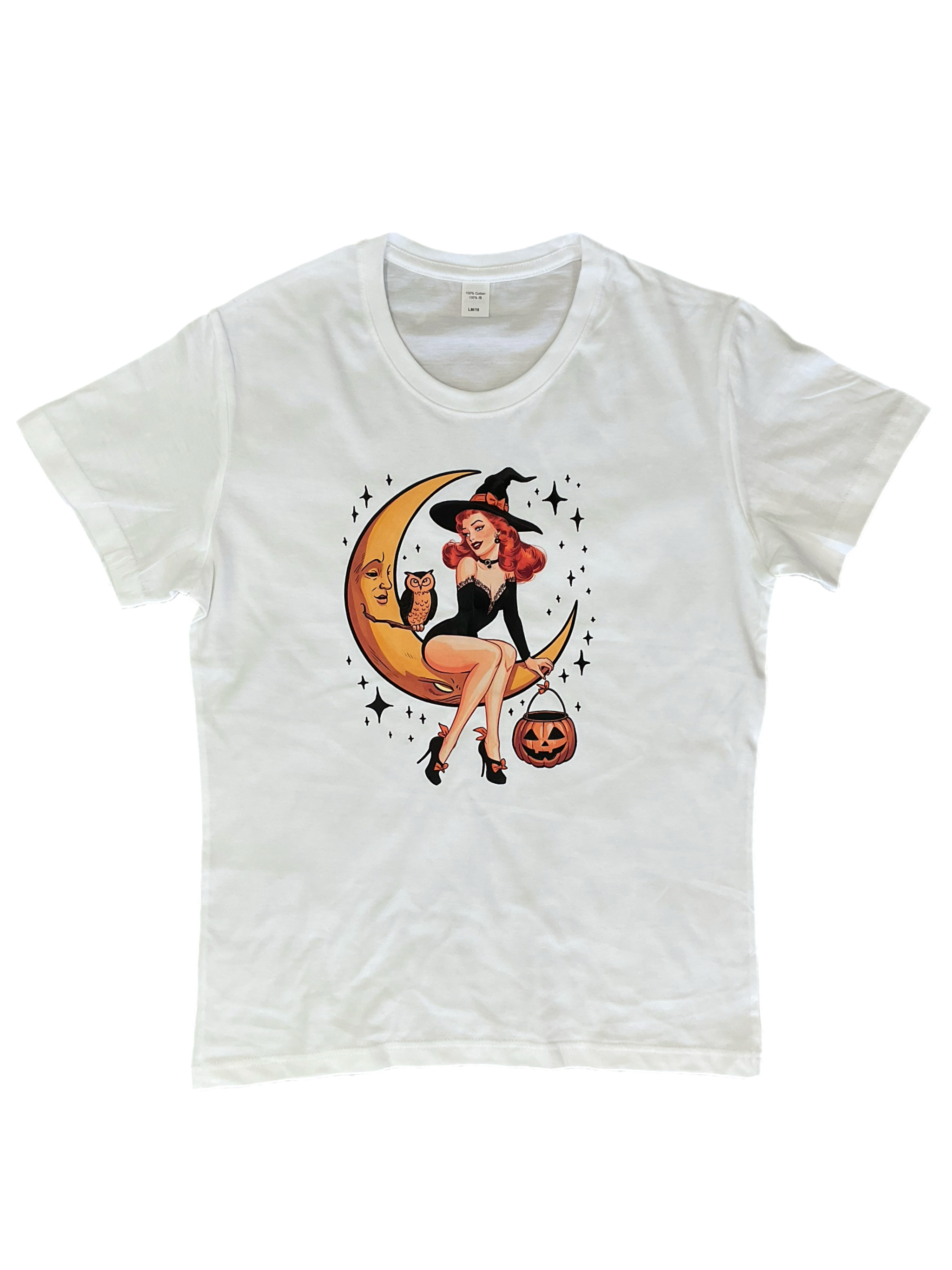 Halloween pin-up , vintage style T-shirt with a graphic print of a woman with a witch's hat, a crescent moon, and a pumpkin. 