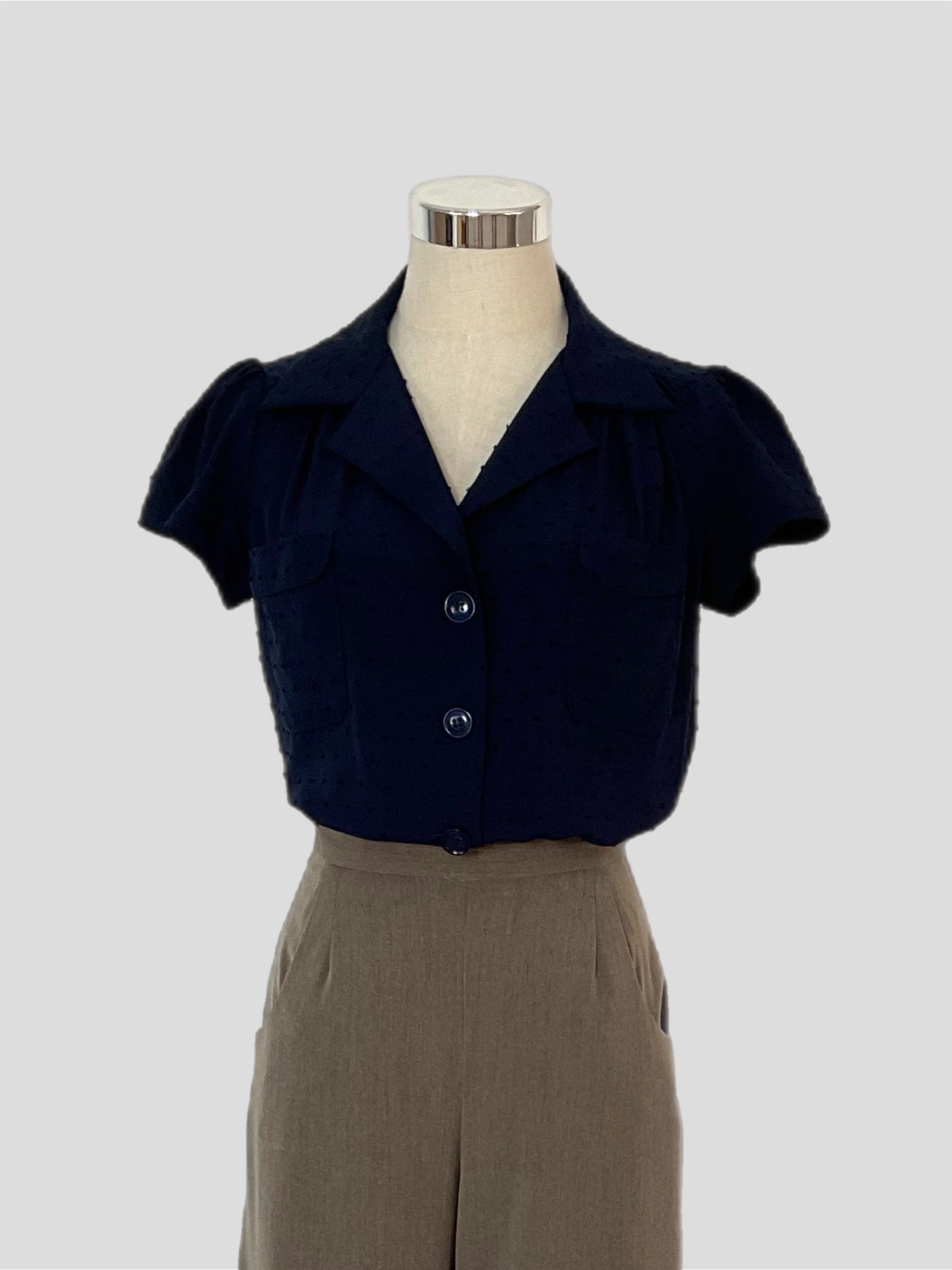 Evita Vintage style Blouse Navy Textured Rayon