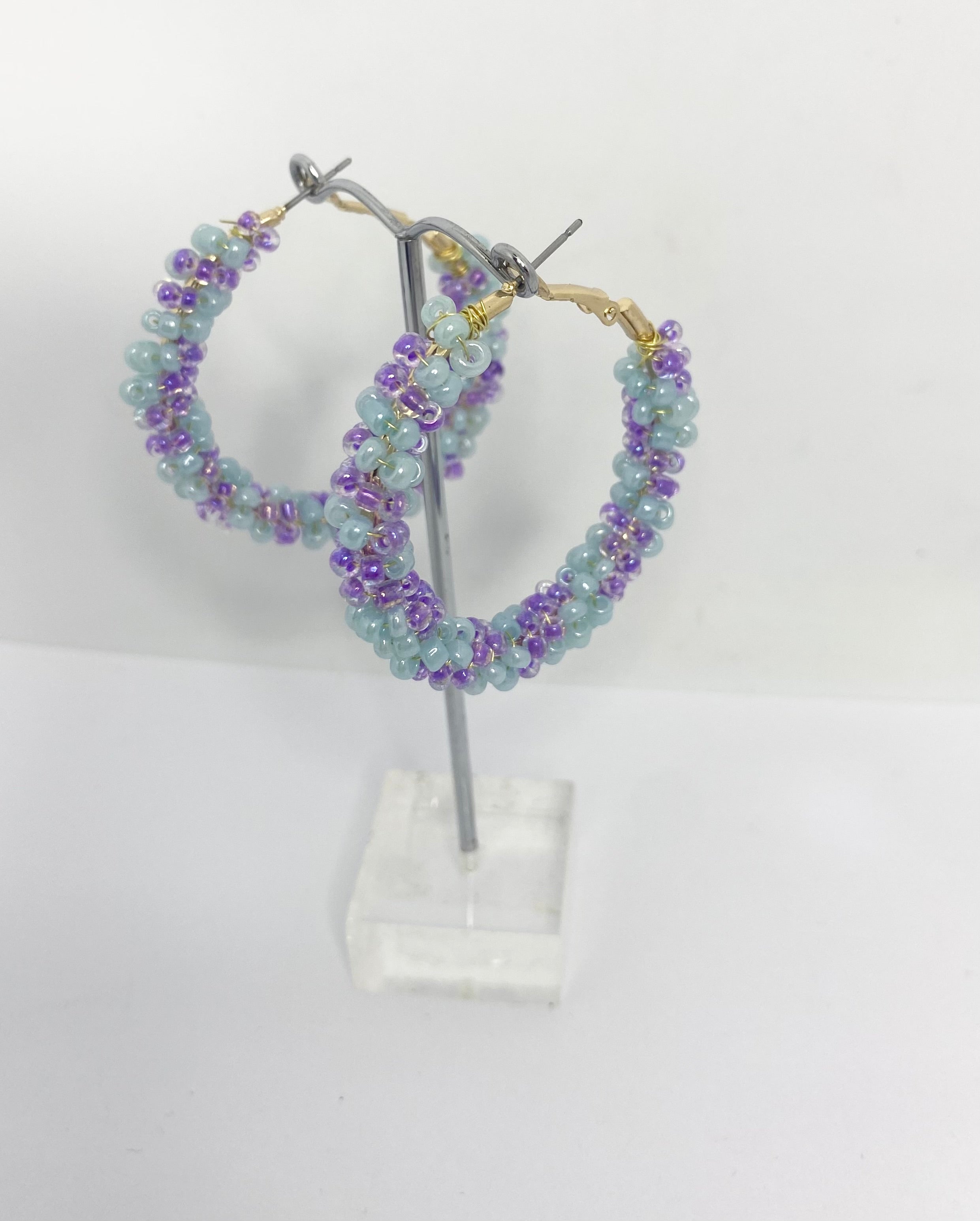Sherbet Blue/mauve Large 1950s style  Beaded Hoop Earrings