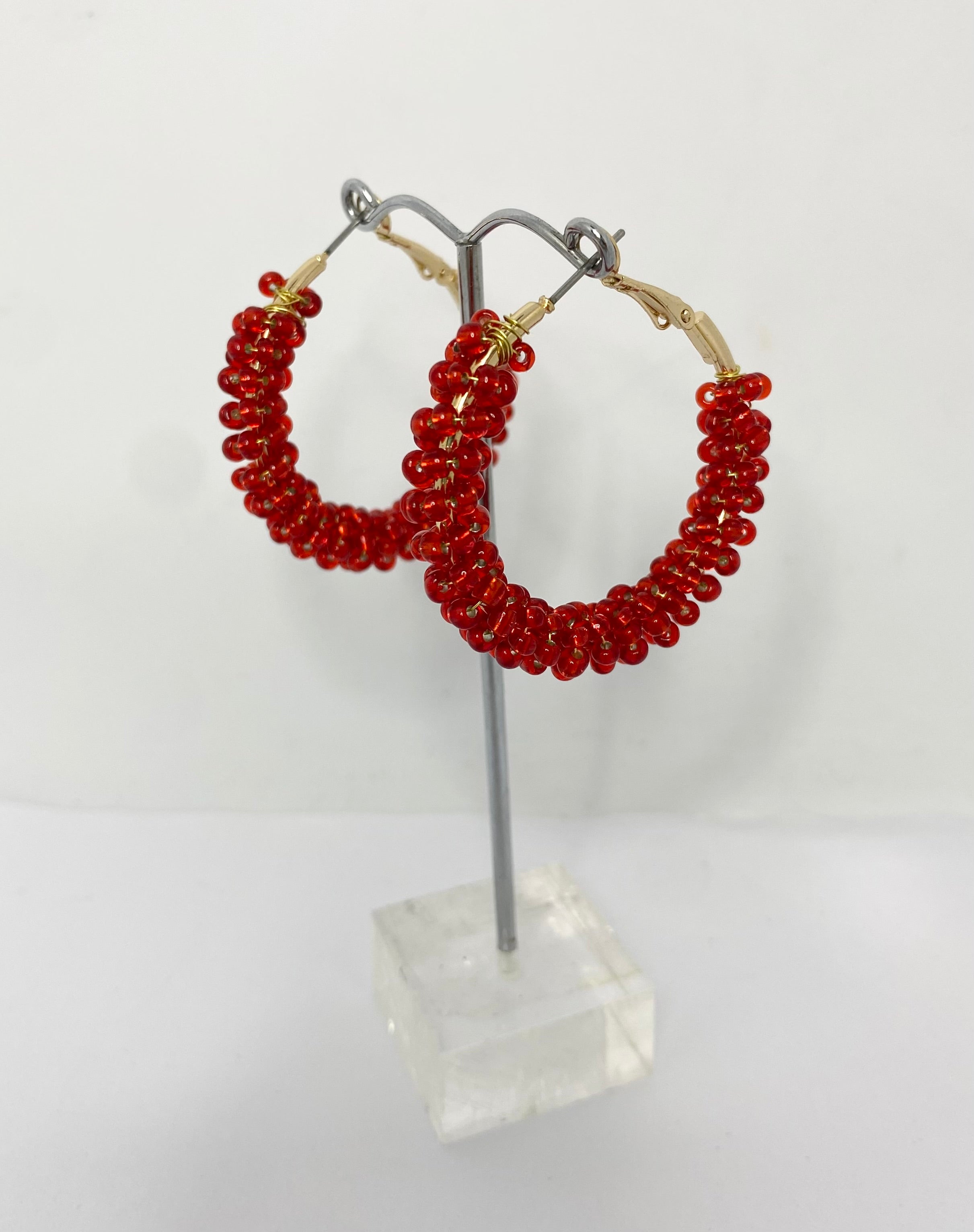 Sherbet Red Shimmer 1950s style  Beaded Hoop Earrings