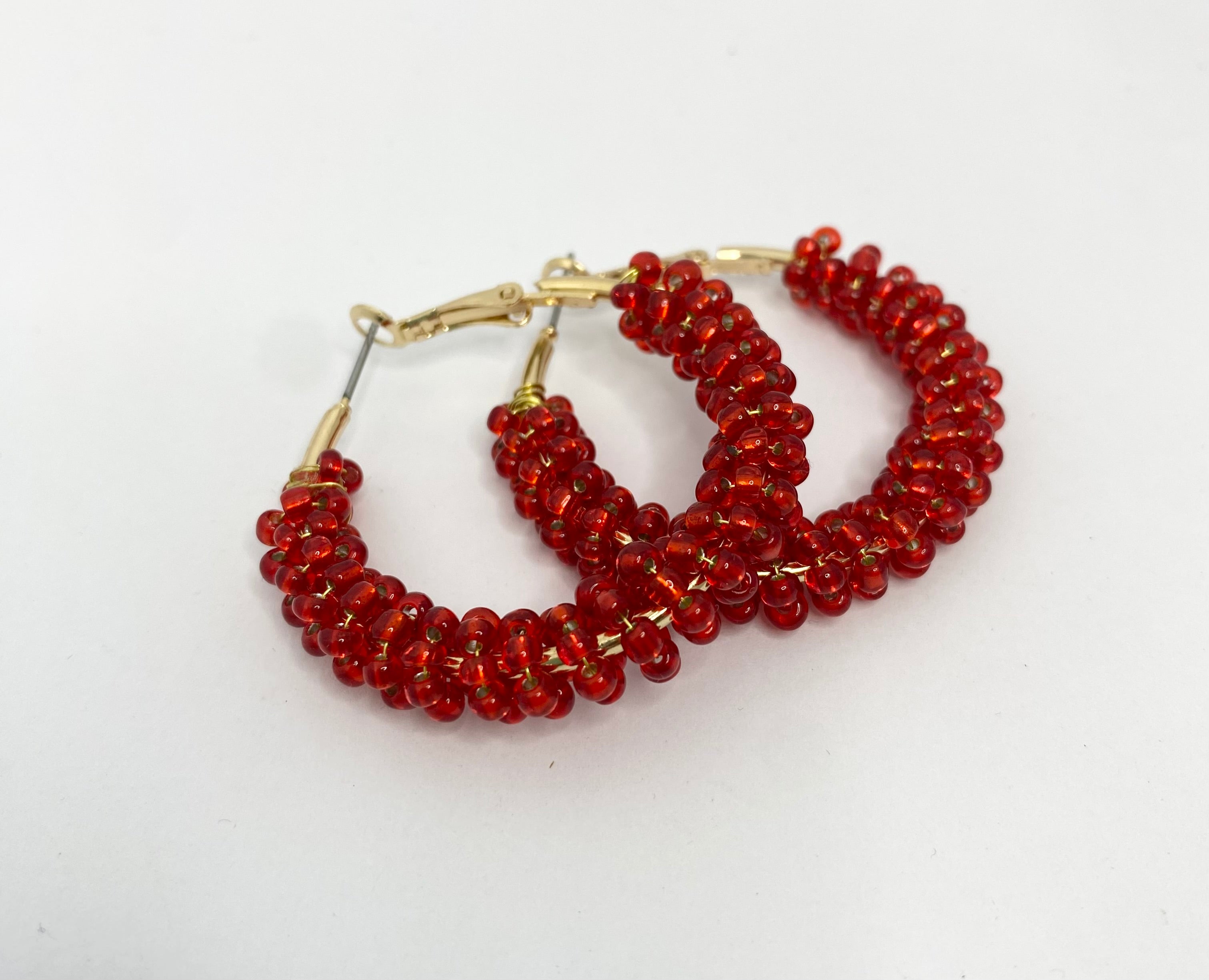 Sherbet Red Shimmer 1950s style  Beaded Hoop Earrings