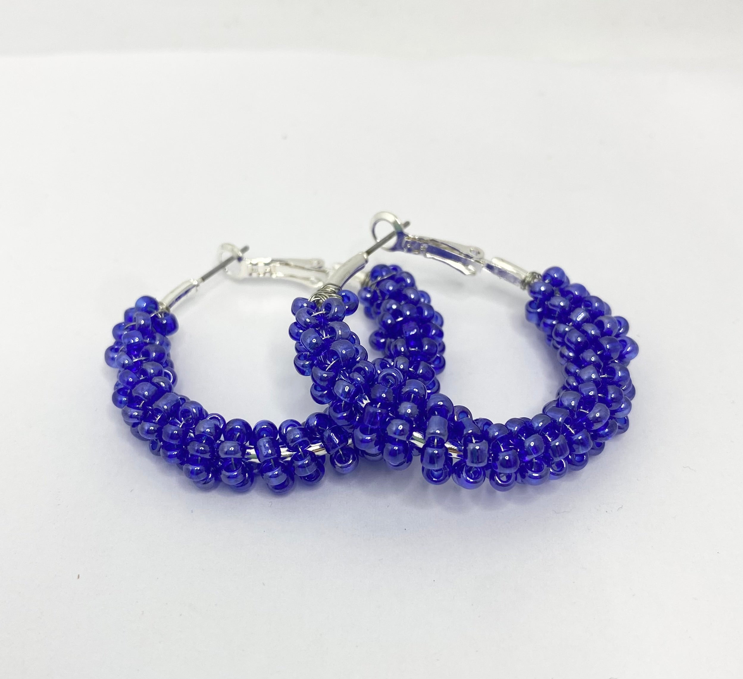Sherbet Cobalt Blue Shimmer 1950s style  Beaded Hoop Earrings