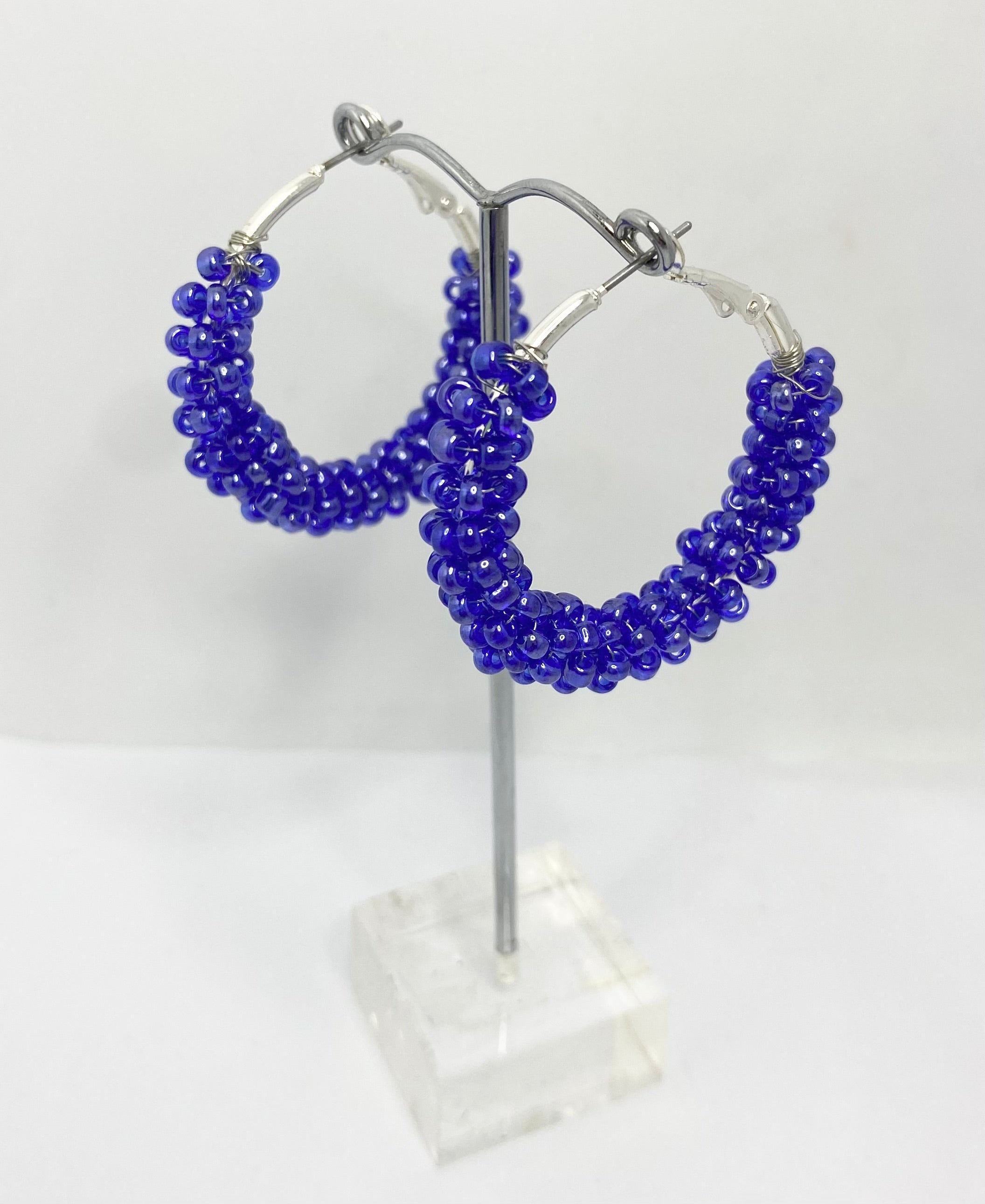Sherbet Cobalt Blue Shimmer 1950s style  Beaded Hoop Earrings