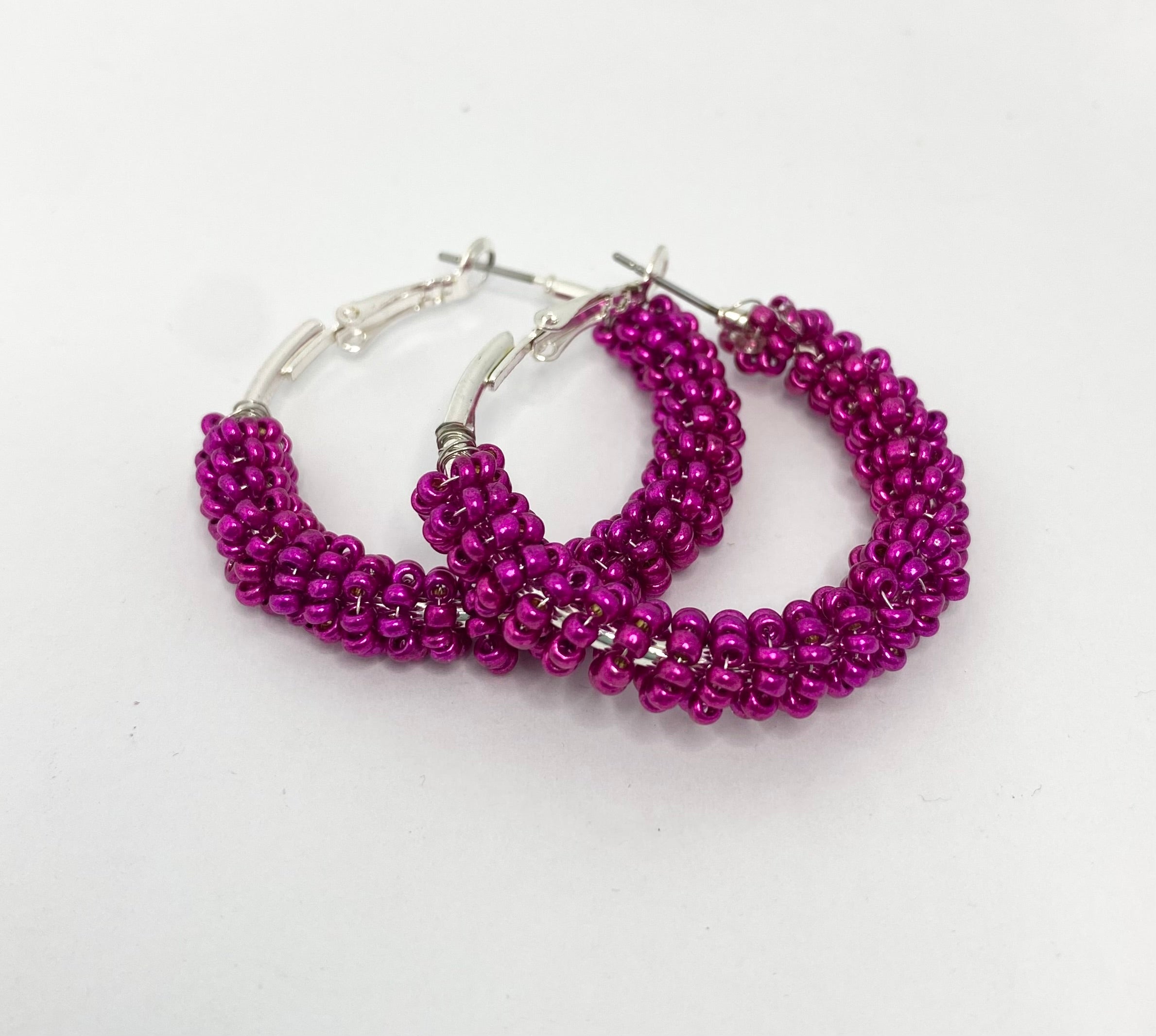 Sherbet Fuchsia Pink Shimmer 1950s style  Beaded Hoop Earrings