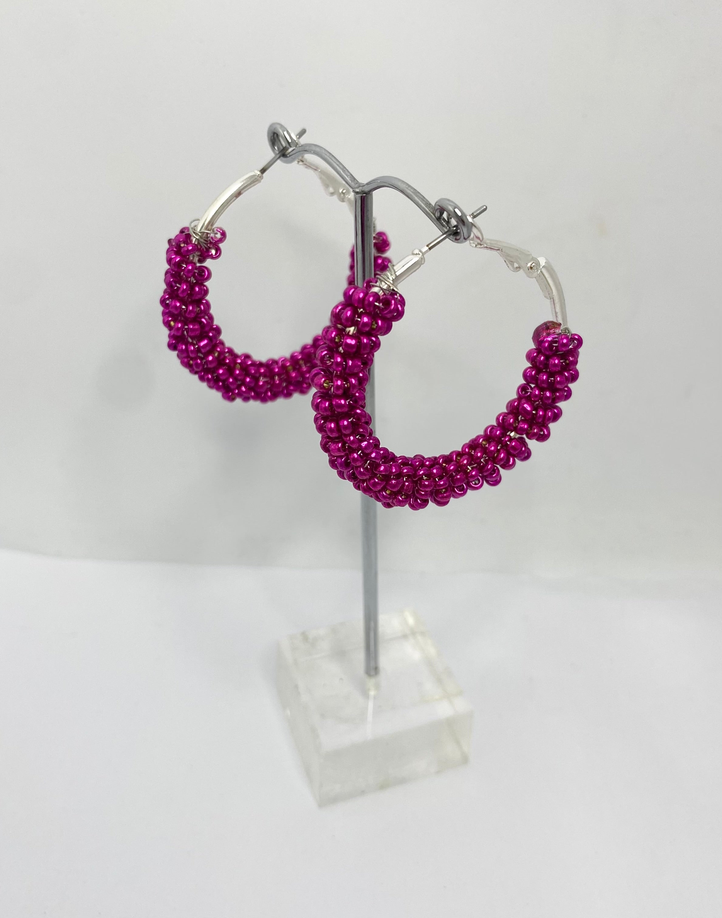 Sherbet Fuchsia Pink Shimmer 1950s style  Beaded Hoop Earrings