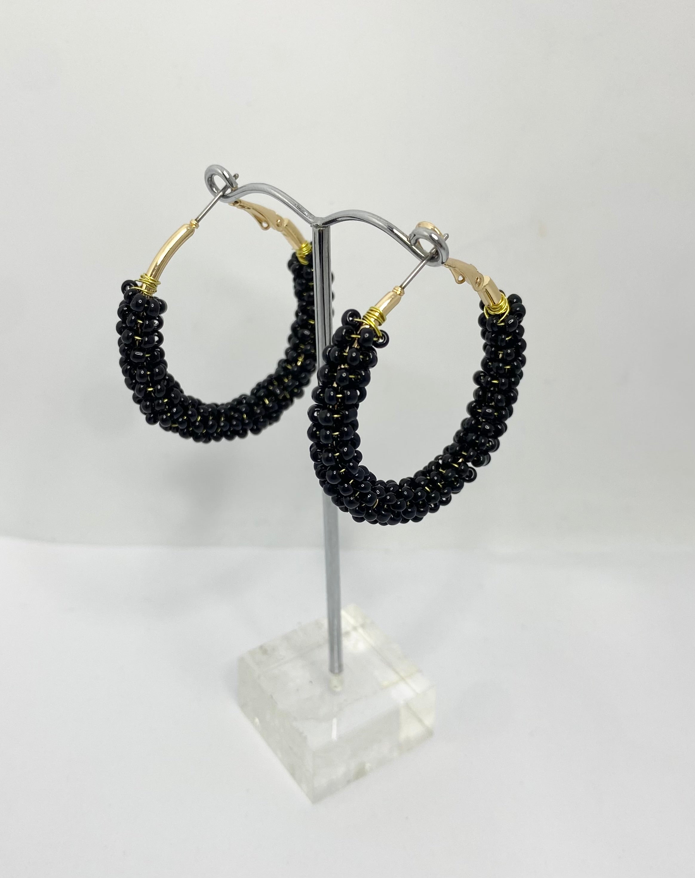 Sherbet Black Matt 1950s style  Beaded Hoop Earrings