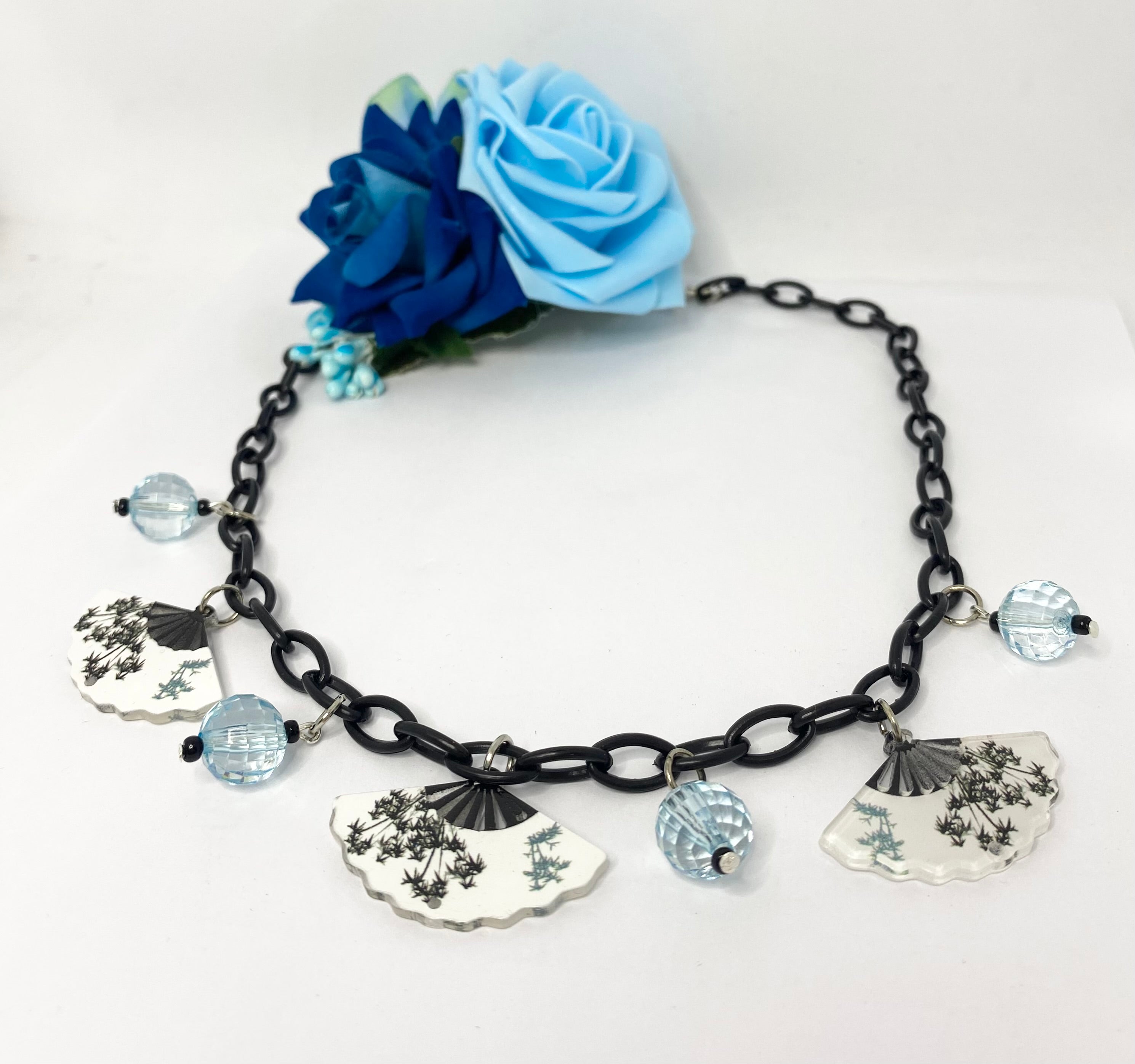 Little fan and lantern Necklace with fan-shaped pendants . Vintage style resin Necklace. Blue Rose Flower