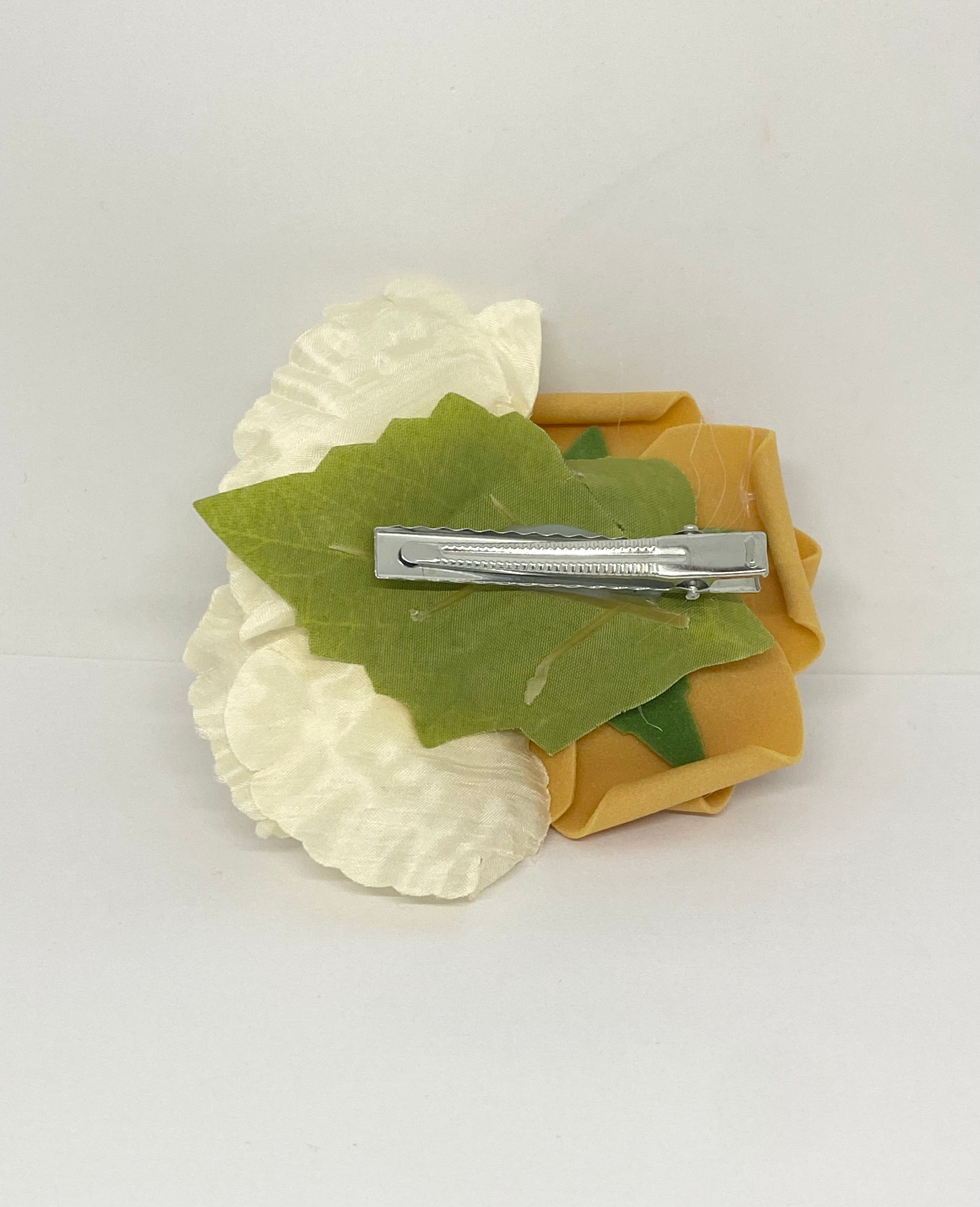 Mustard Rose  and cream poppies vintage style-in-up  hair flower  attached to an alligator clip.