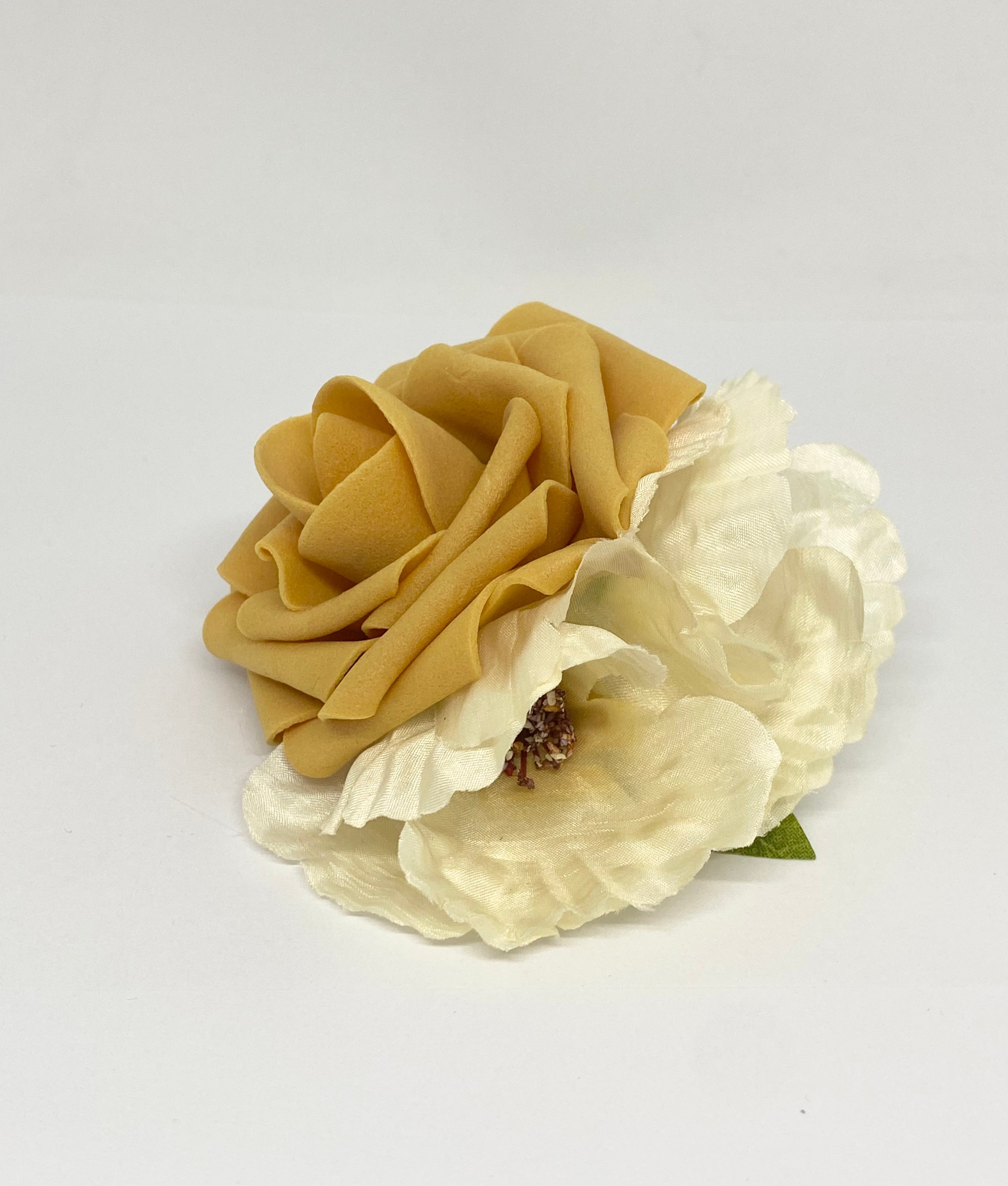 Mustard Rose  and cream poppies vintage style-in-up  hair flower  attached to an alligator clip.
