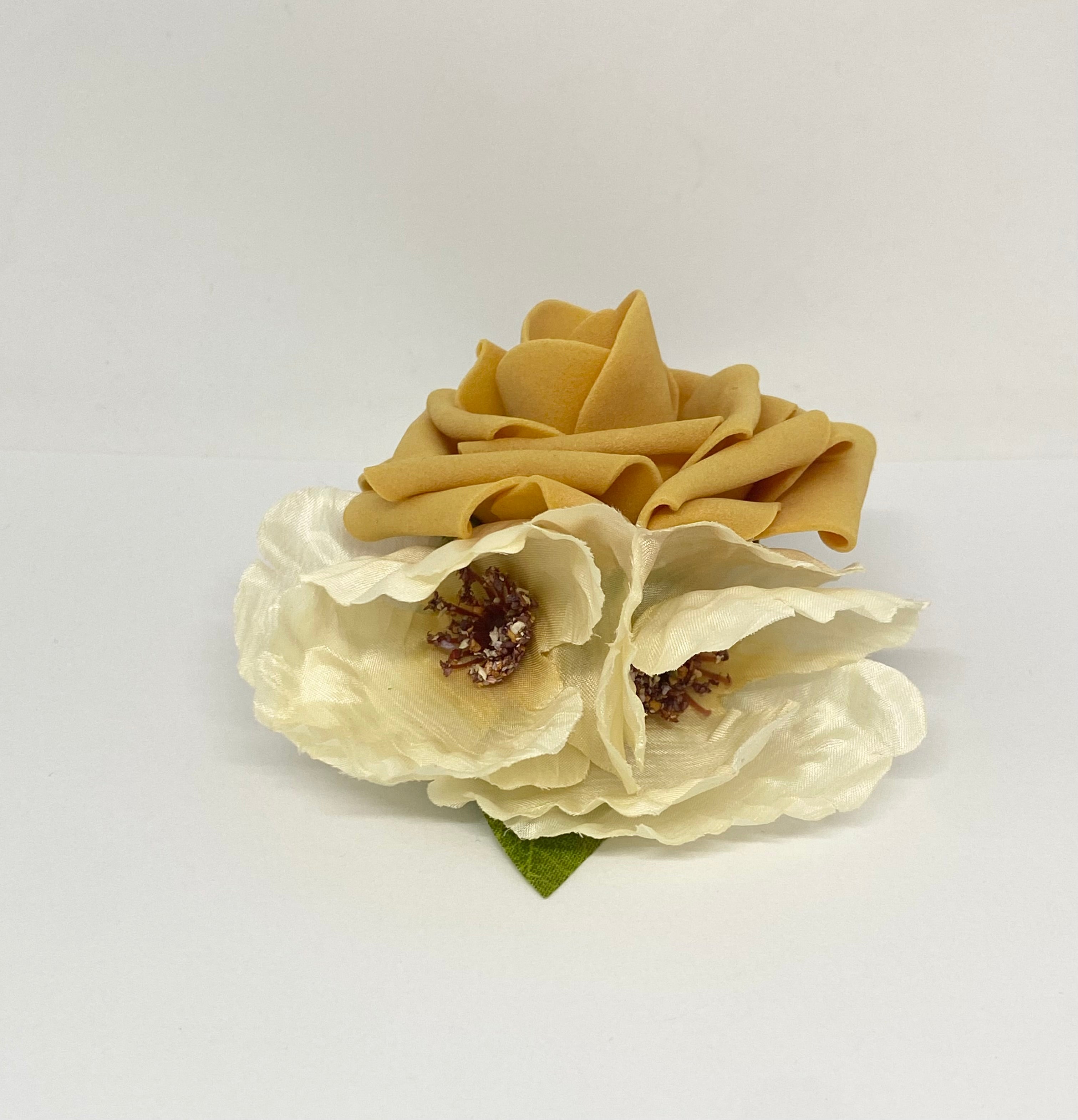Mustard Rose  and cream poppies vintage style-in-up  hair flower  attached to an alligator clip.