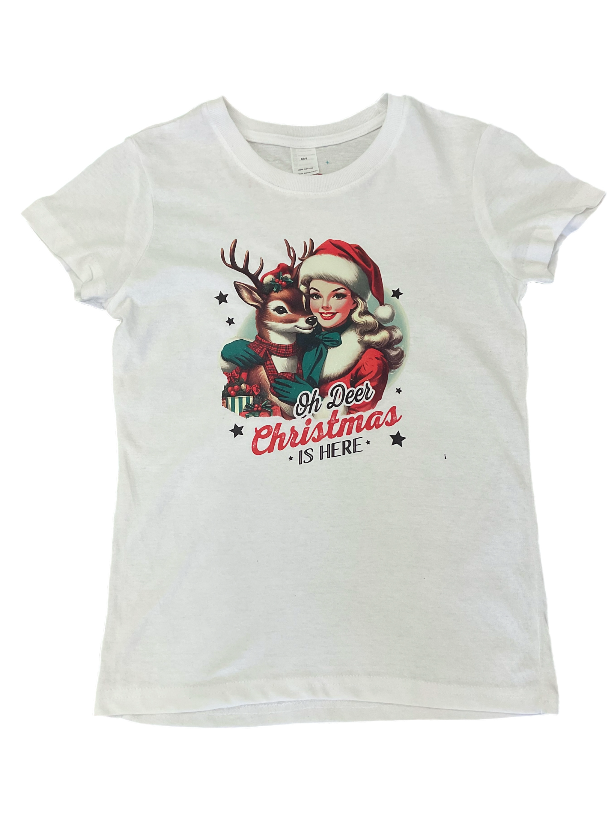 White vintage style T-shirt with a Christmas themed print, featuring a reindeer,  and the text 'Oh Deer, It's Christmas'.