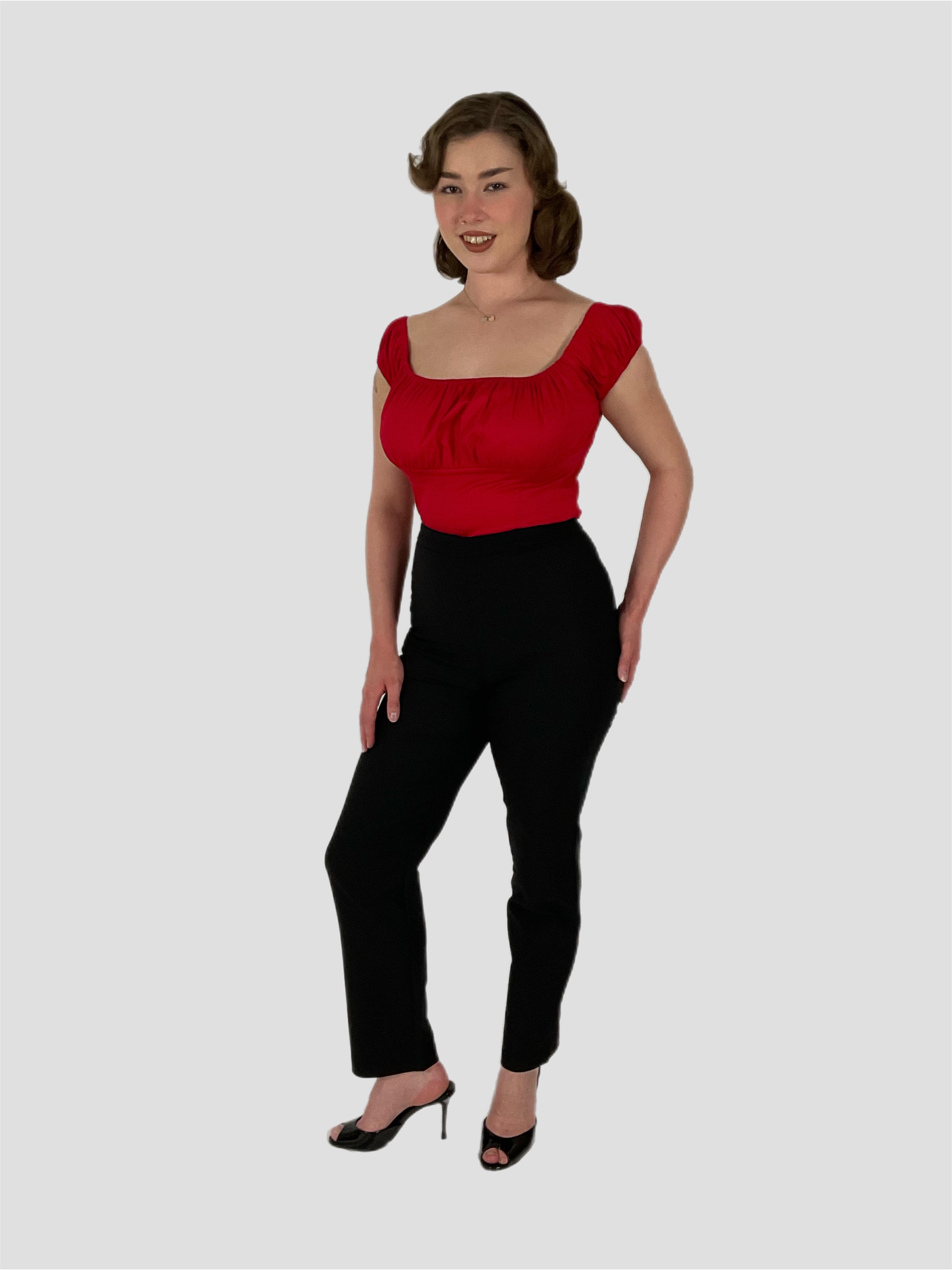 top red with black 1950s style cigarette pants in black.