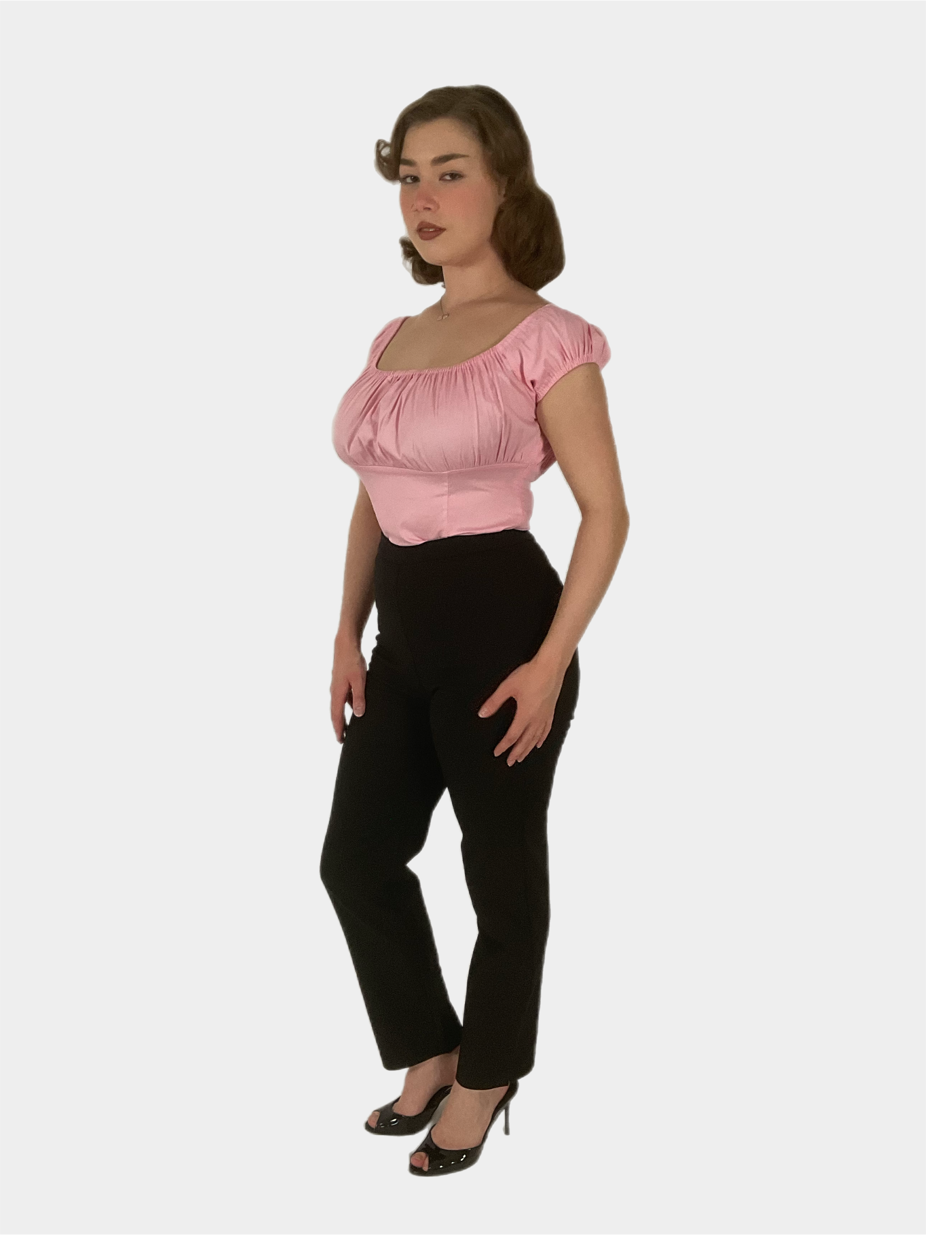 Peasant vintage style top in pink with black cigarette pants.  1950s Pinup fashion Australia