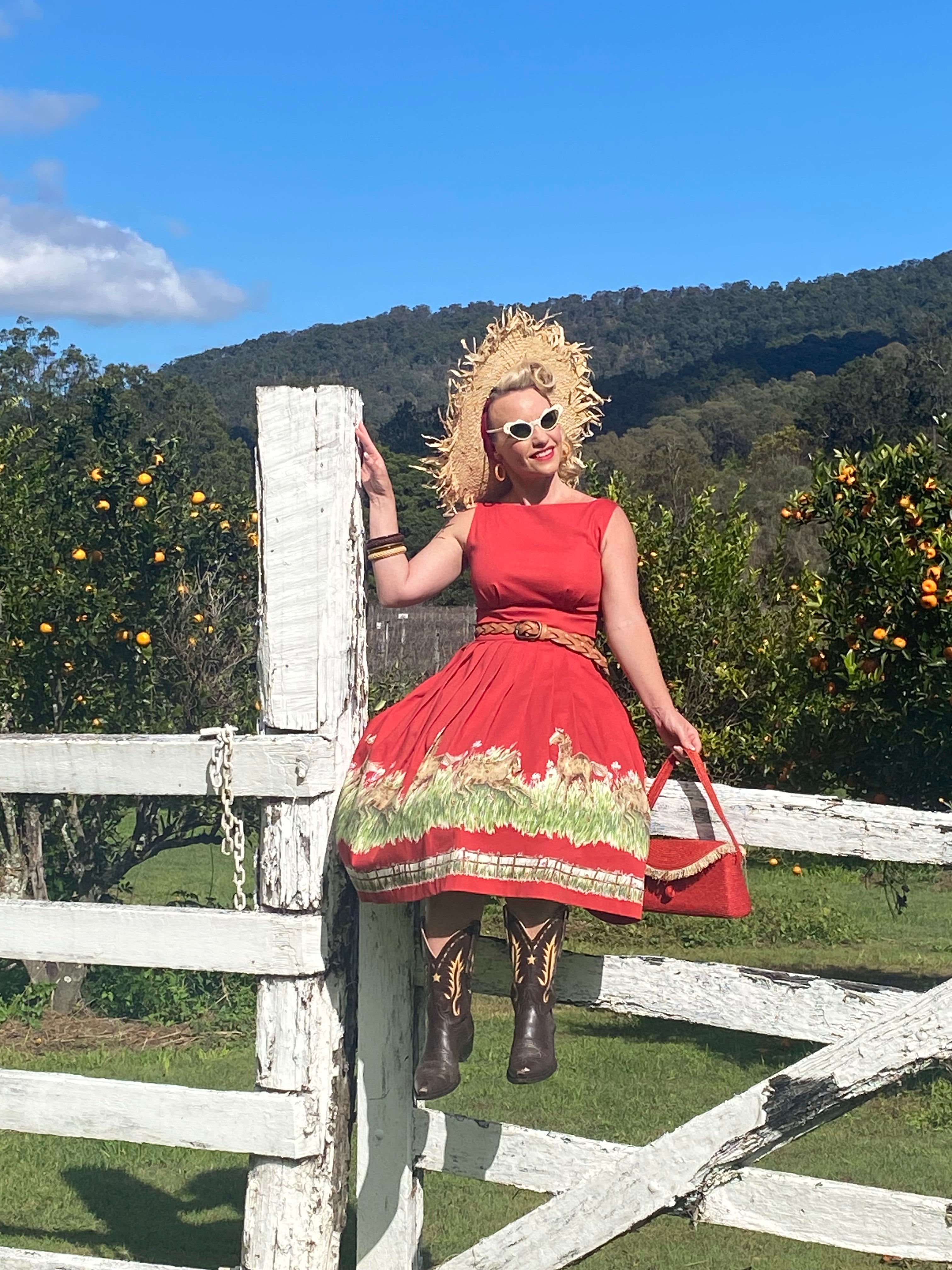 Peggy Greener pastures vintage style novelty Horse Print Rockabilly western Dress ,Woman in a red dress with green accents standing on a wooden platform with a scenic background.