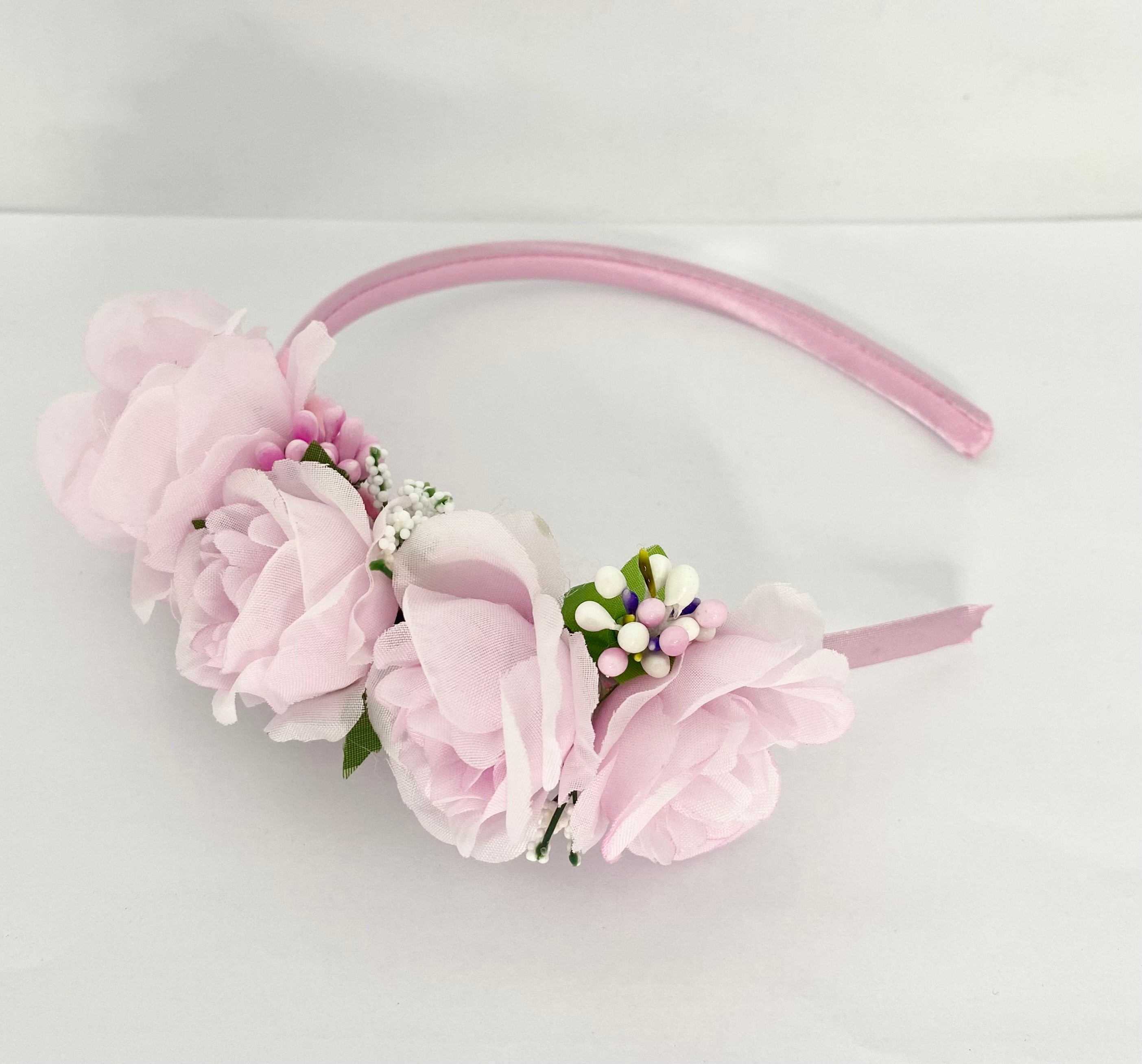 Pink rose head band hair flower on pink satin headband