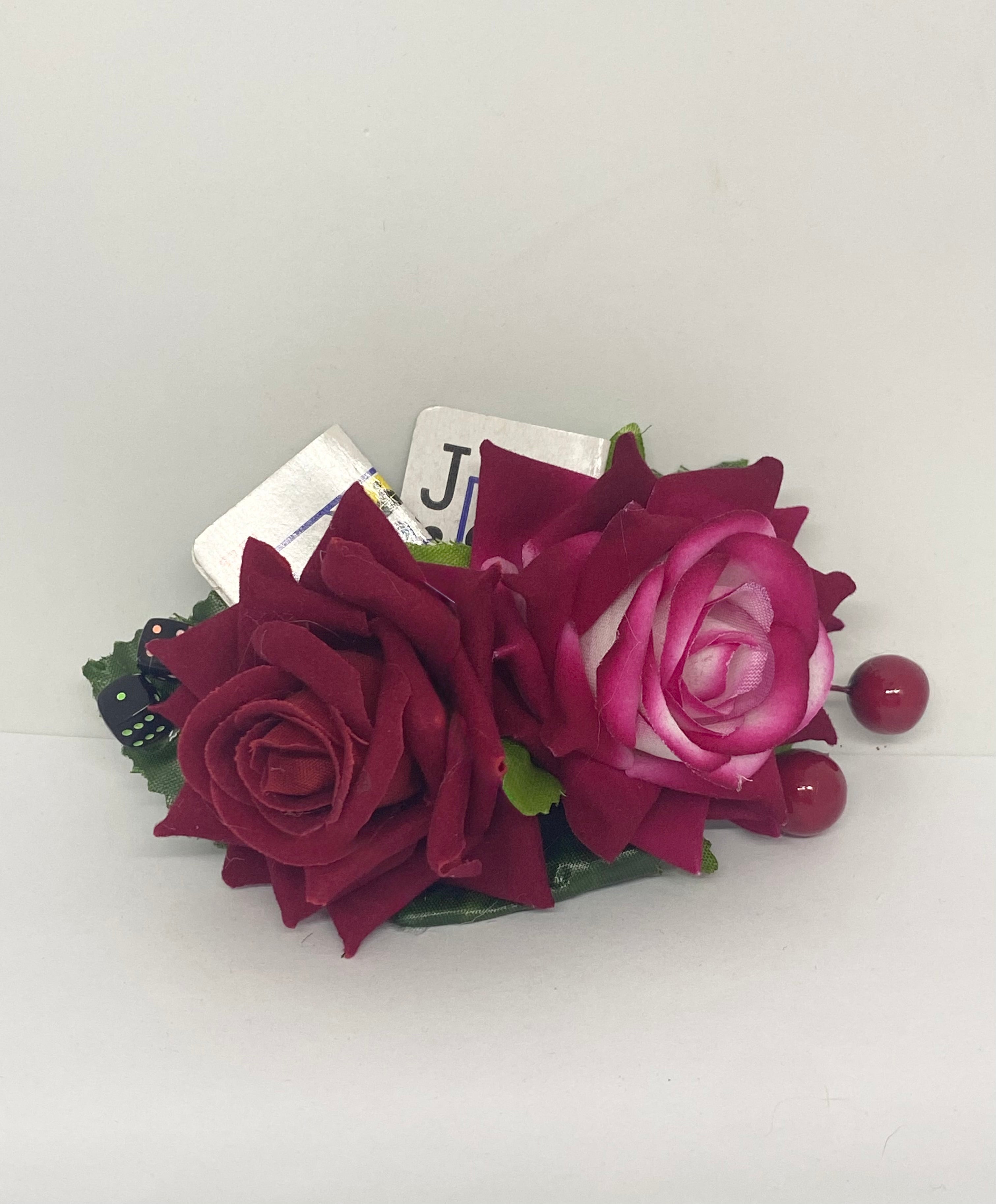 Roll the Dice pin-up vintage Hair Flower red rose hair flower with Playing cards and dice featuring an alligator clip for hair styling.