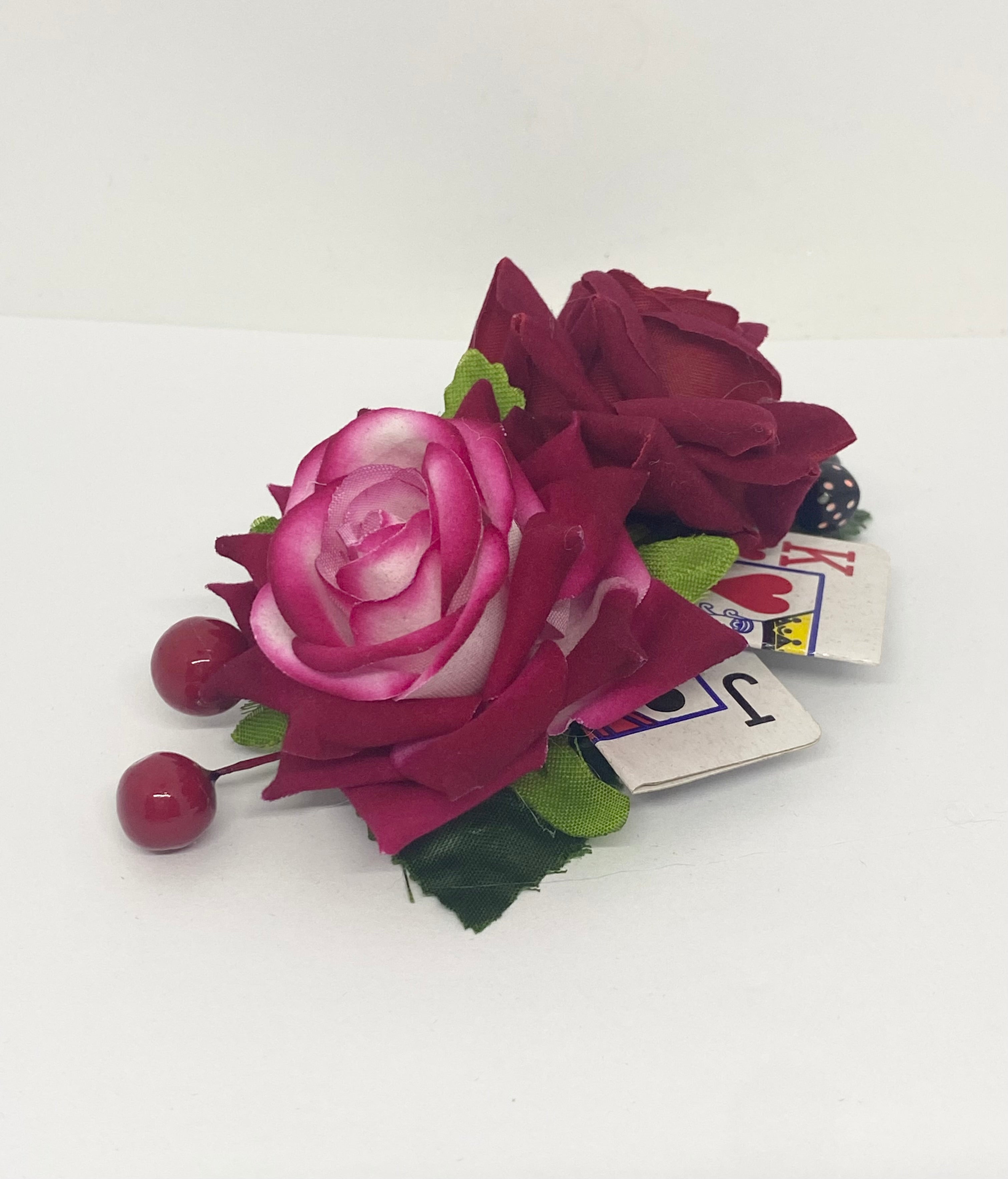 Roll the Dice pin-up vintage Hair Flower red rose hair flower with Playing cards and dice featuring an alligator clip for hair styling.