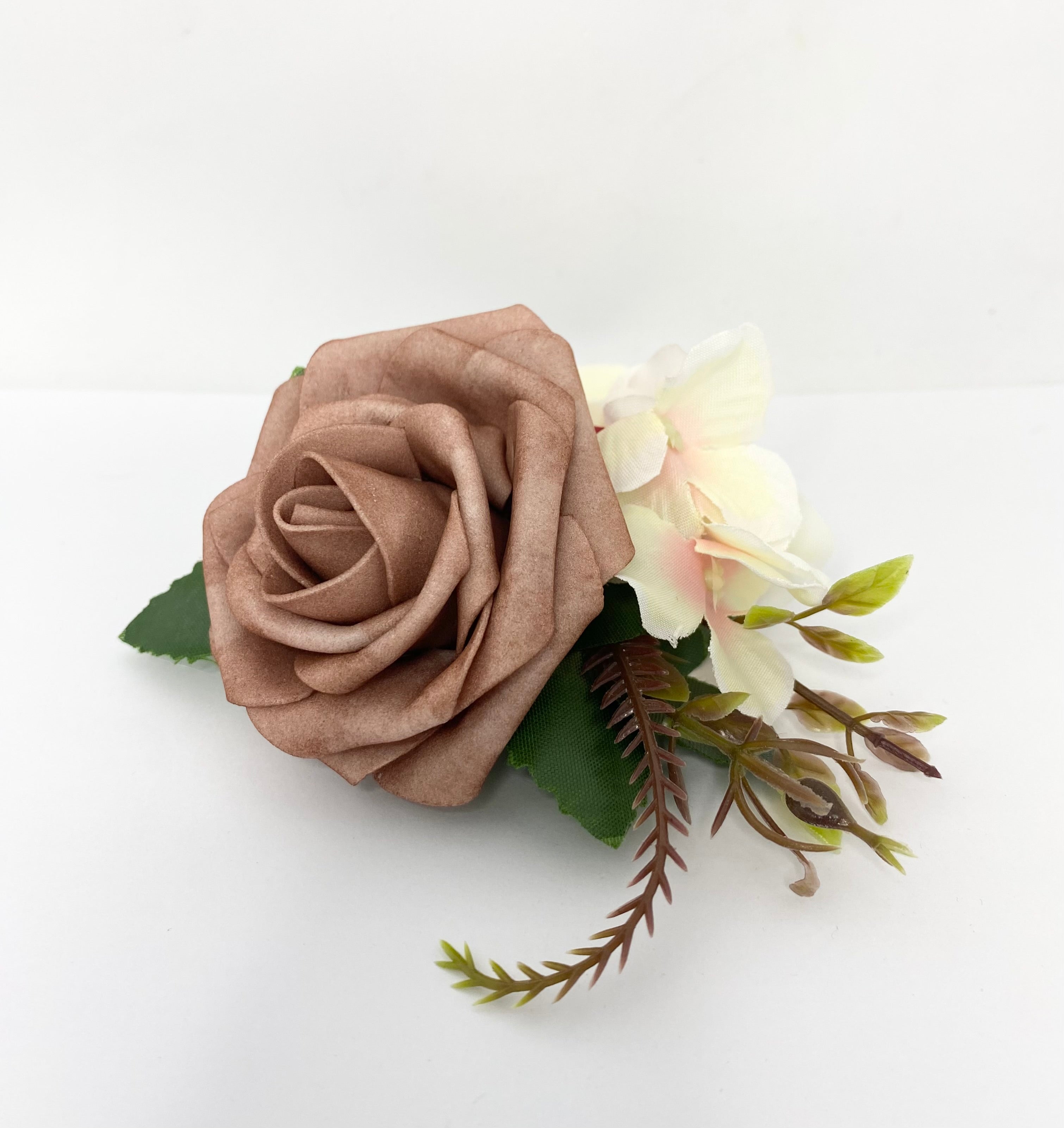Romantic blush vintage style hair flower clip Brown rose and white flower 