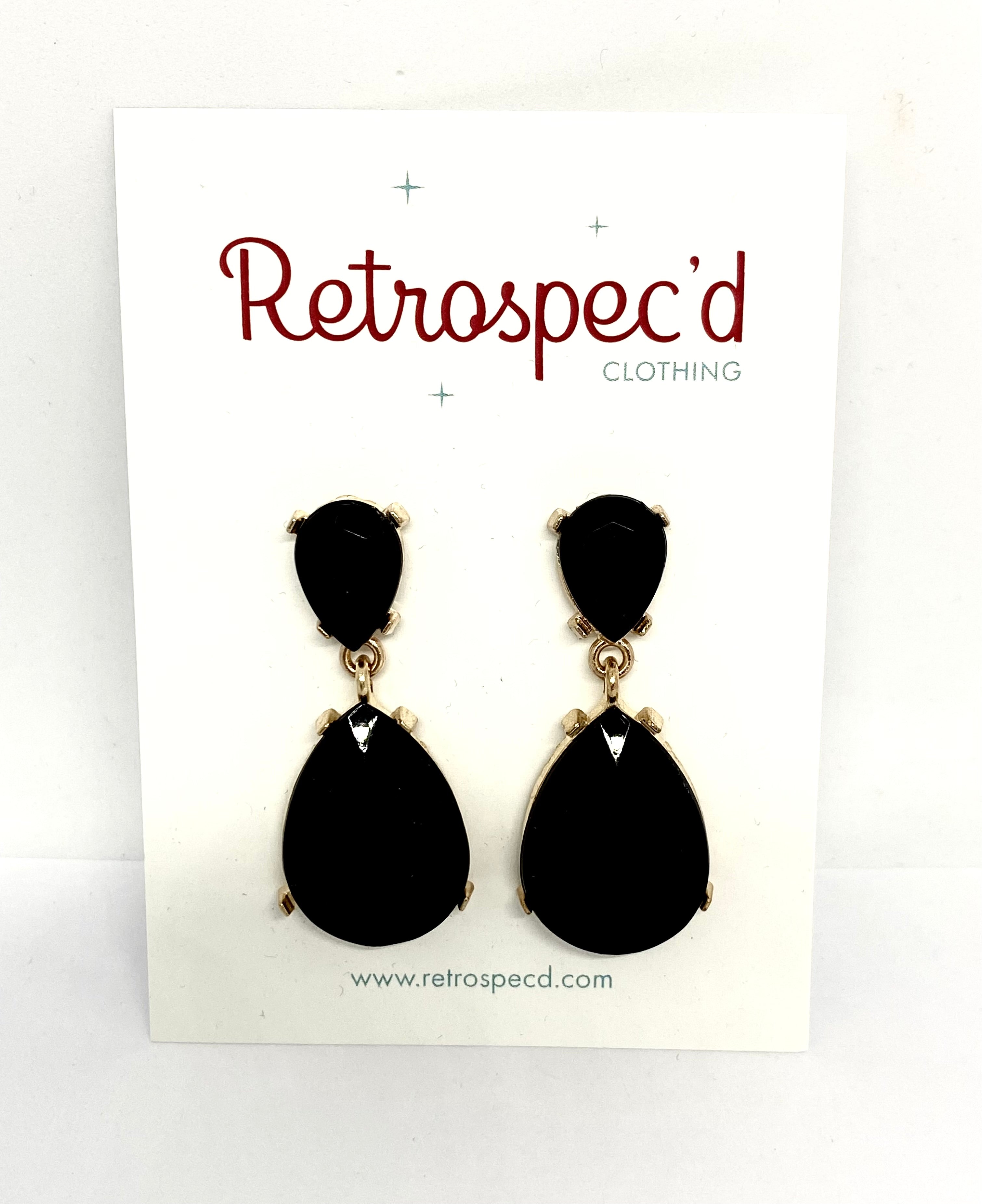 Black teardrop vintage style earrings on a 'Retrospec'd Clothing' . Old world vintage glamour