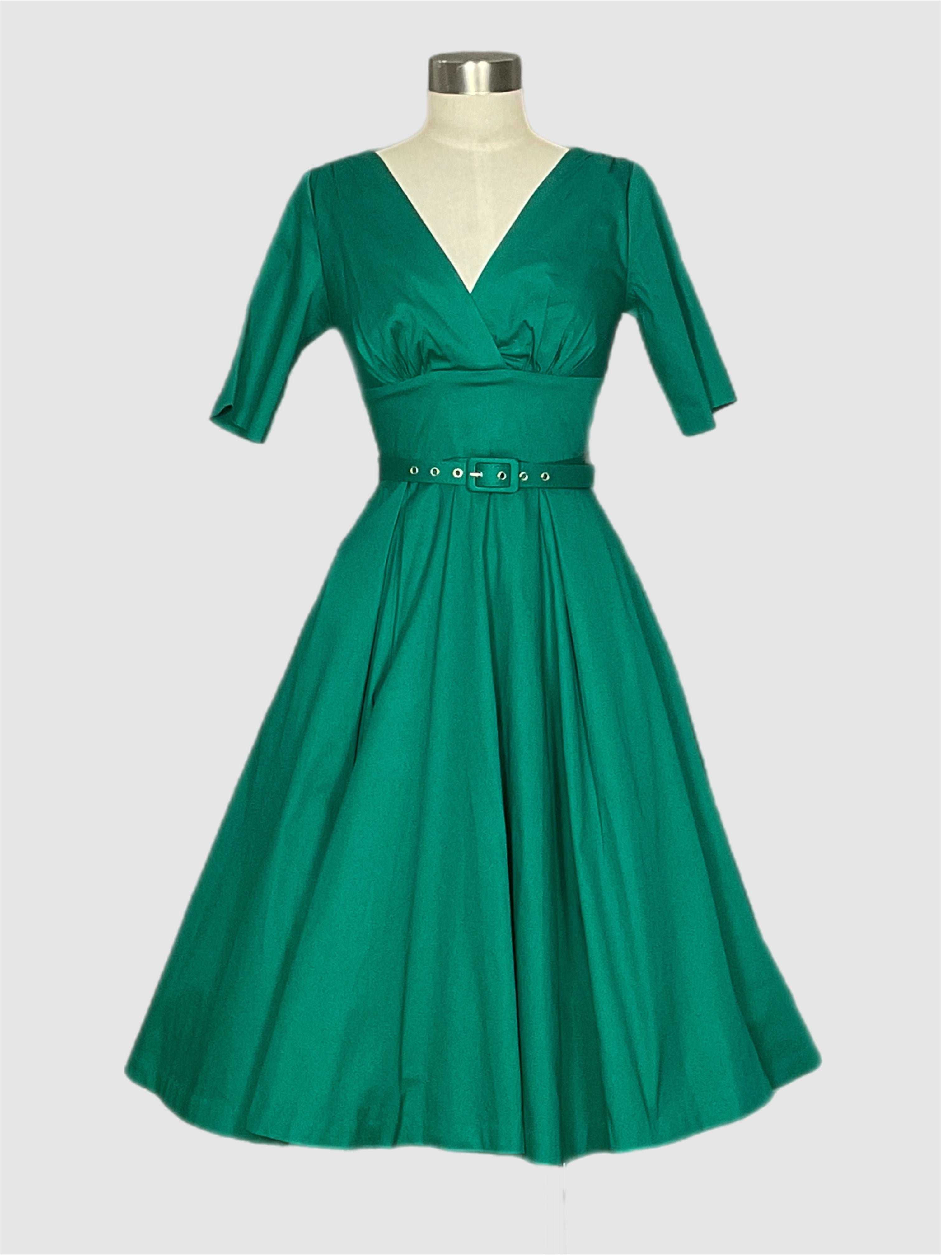 valentina 1950s vintage style dress green with sleeves and a belt