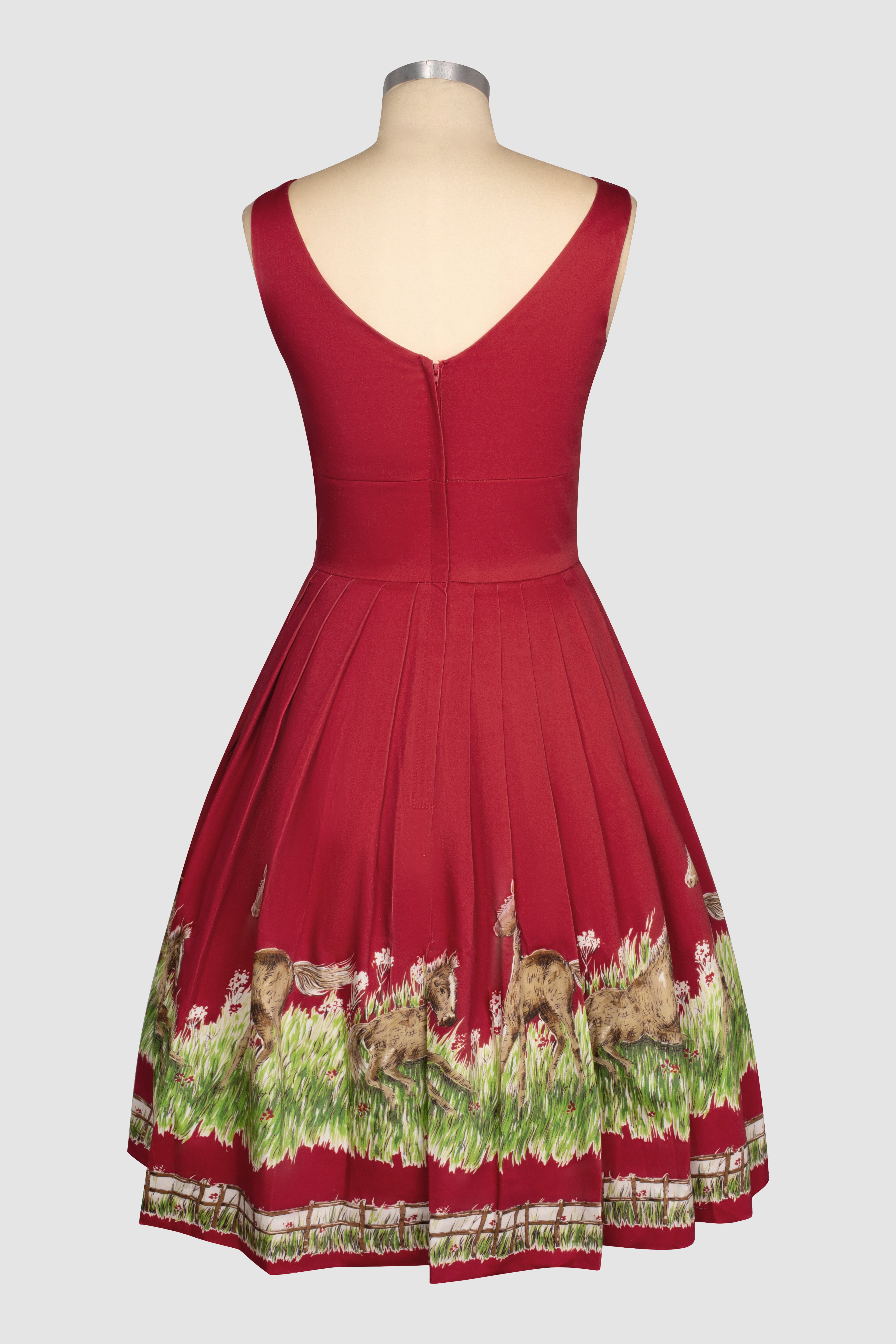 vivian greener pasture 1950s novelty horse print red dress