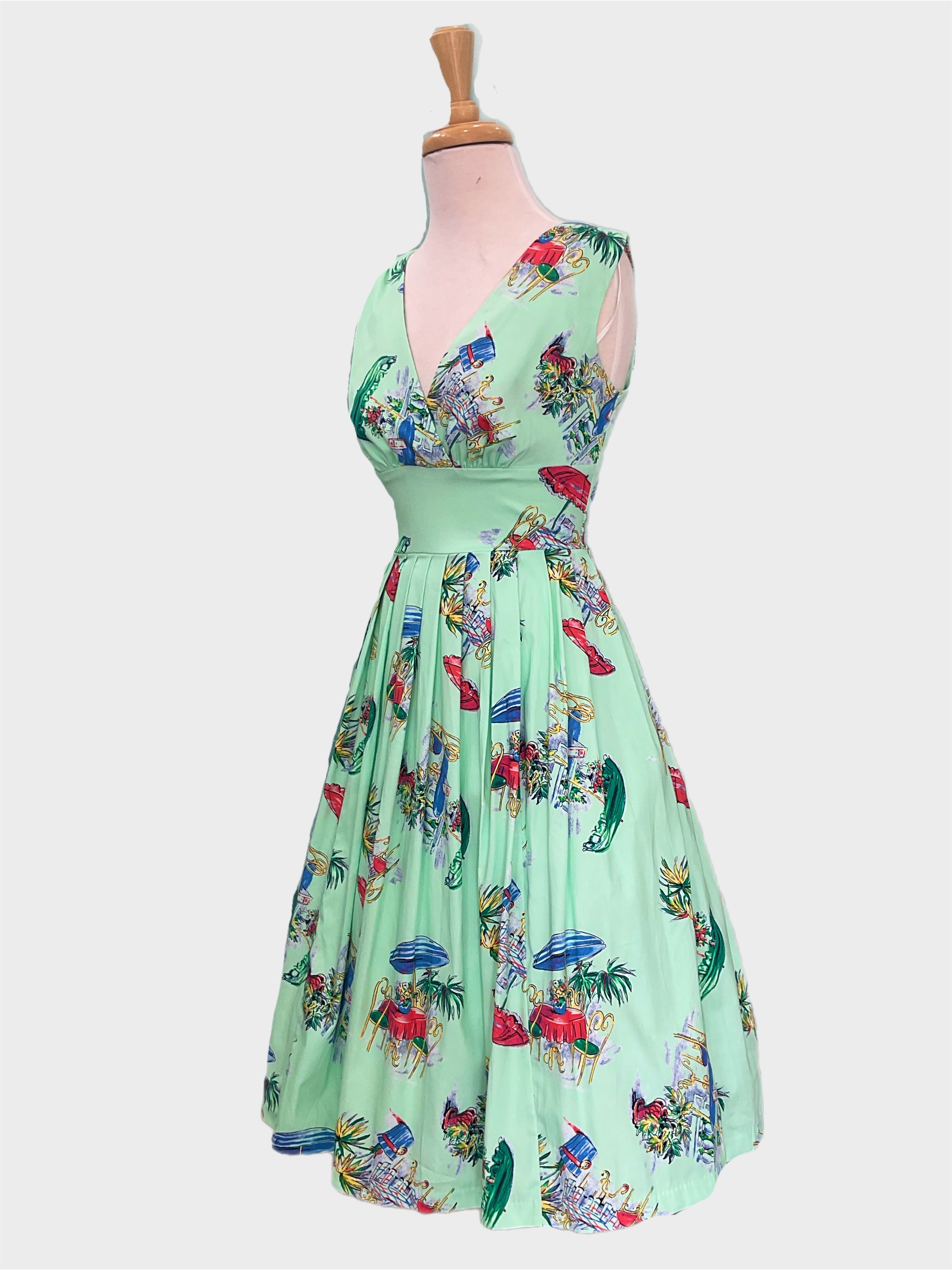 Vivian 1950s vintage style le  Parian cafe novelty print dress in mint green 