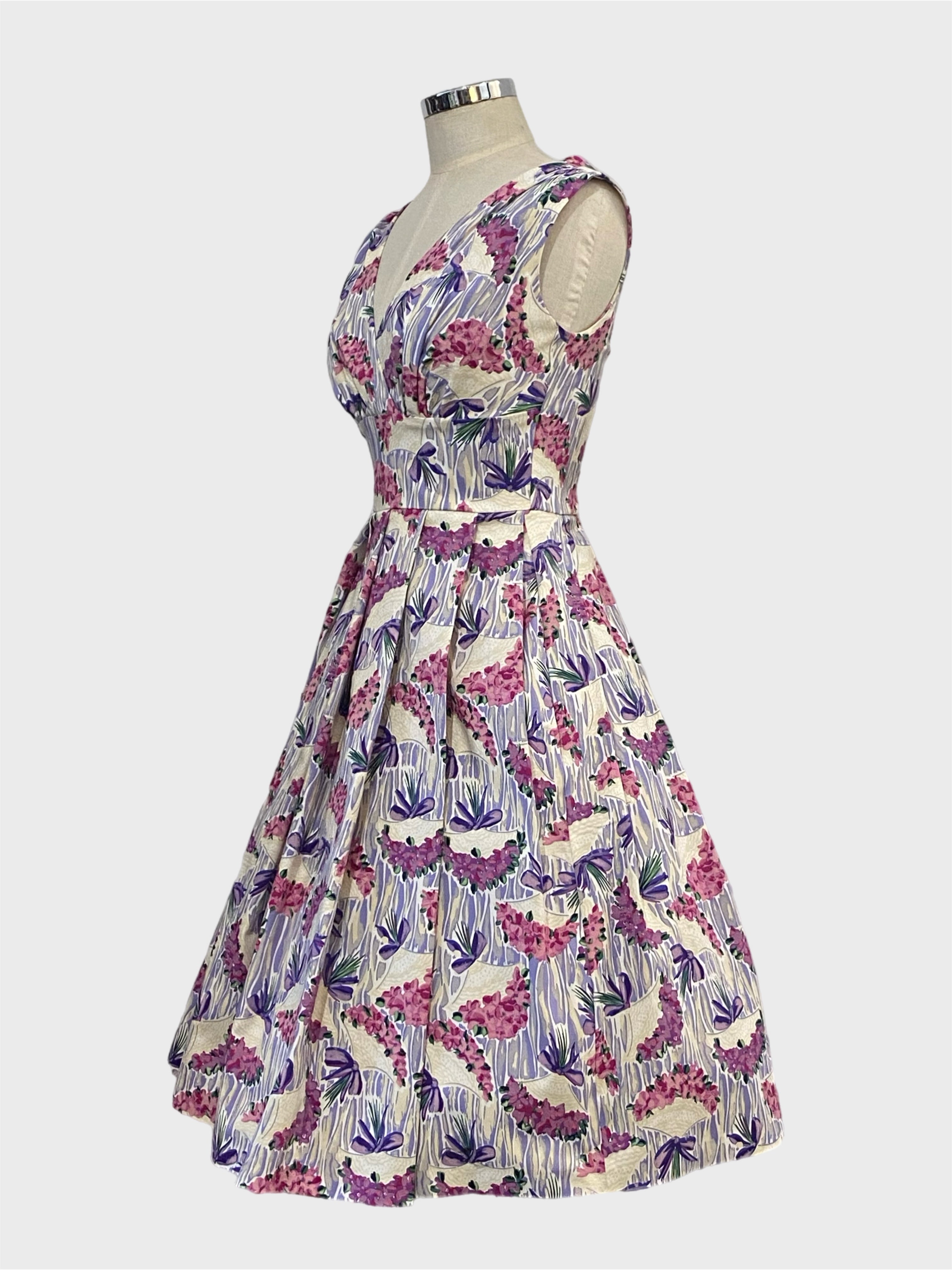 vivian victorian violets 1950s vintage stye dress in purple and pink floral