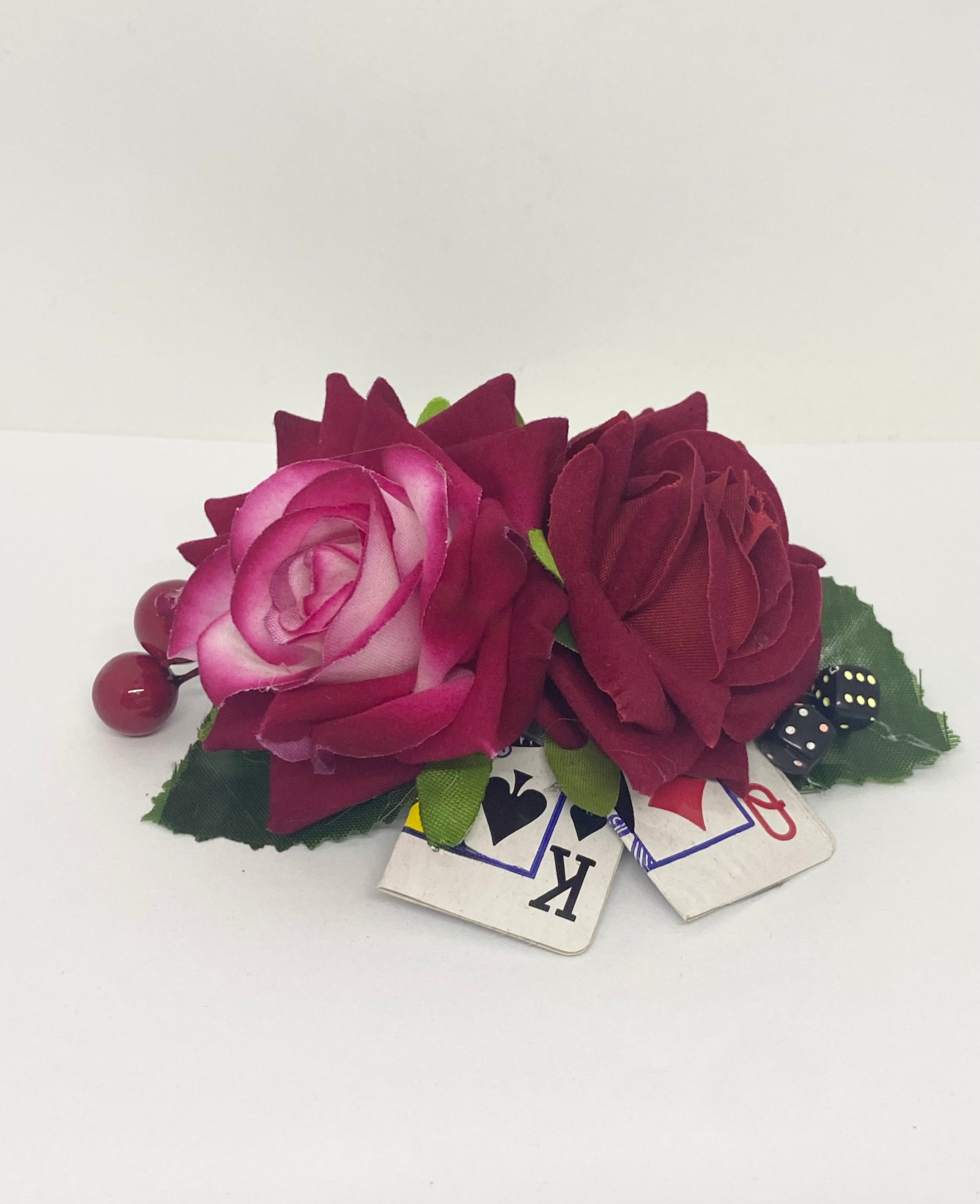 Roll the Dice pin-up vintage Hair Flower red rose hair flower with Playing cards and dice featuring an alligator clip for hair styling.