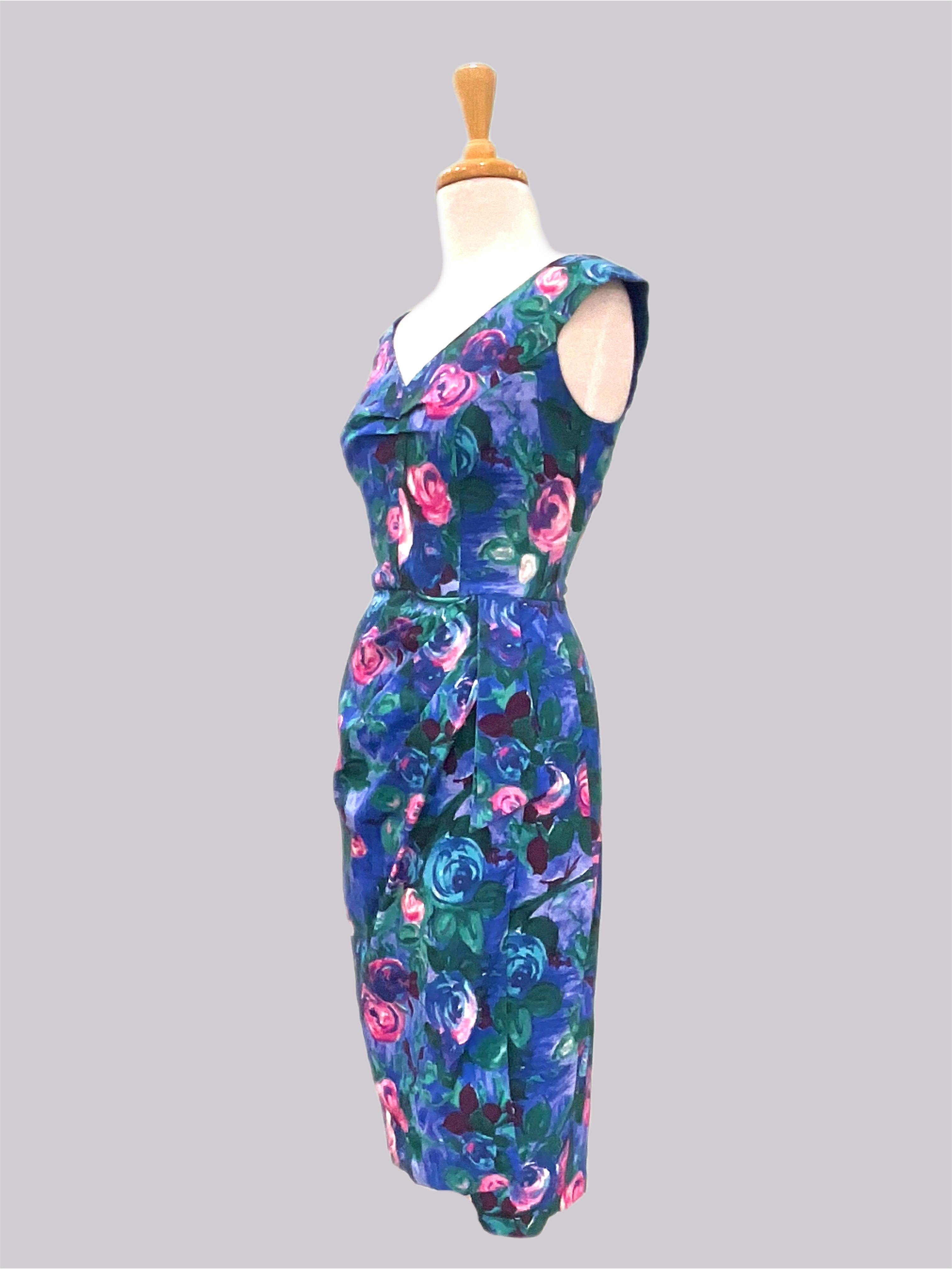 Ruby Anne Monets Garden blue floral cotton pencil wiggle dress