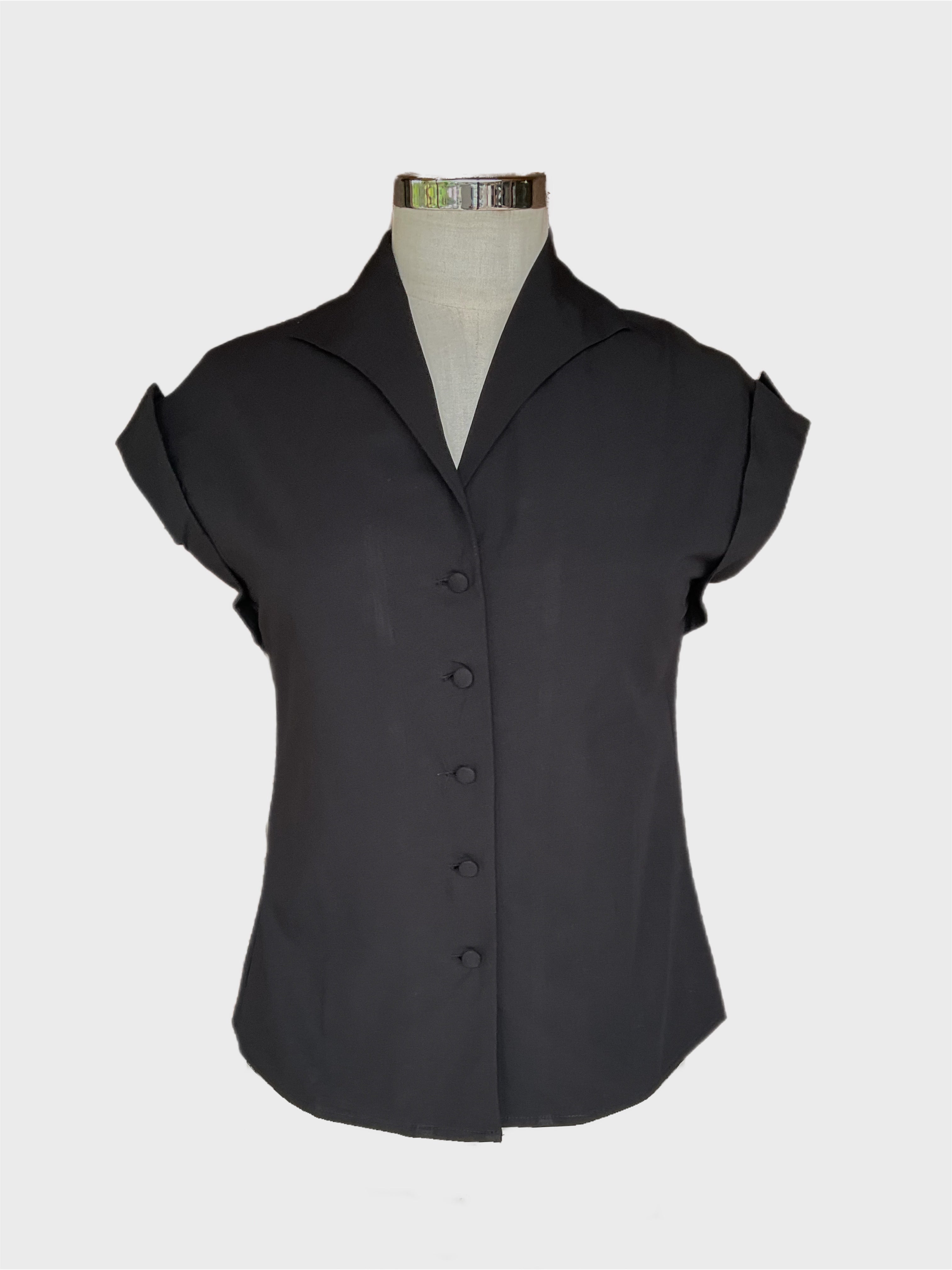 Tammy black cotton vintage style blouse with self covered buttons.