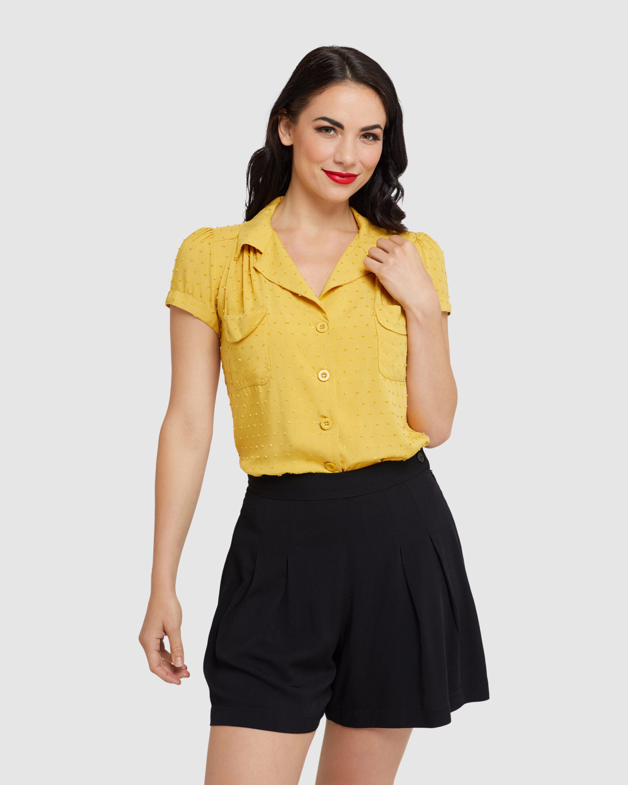 Evita Blouse Mustard Textured Rayon Retrospec'd Clothing